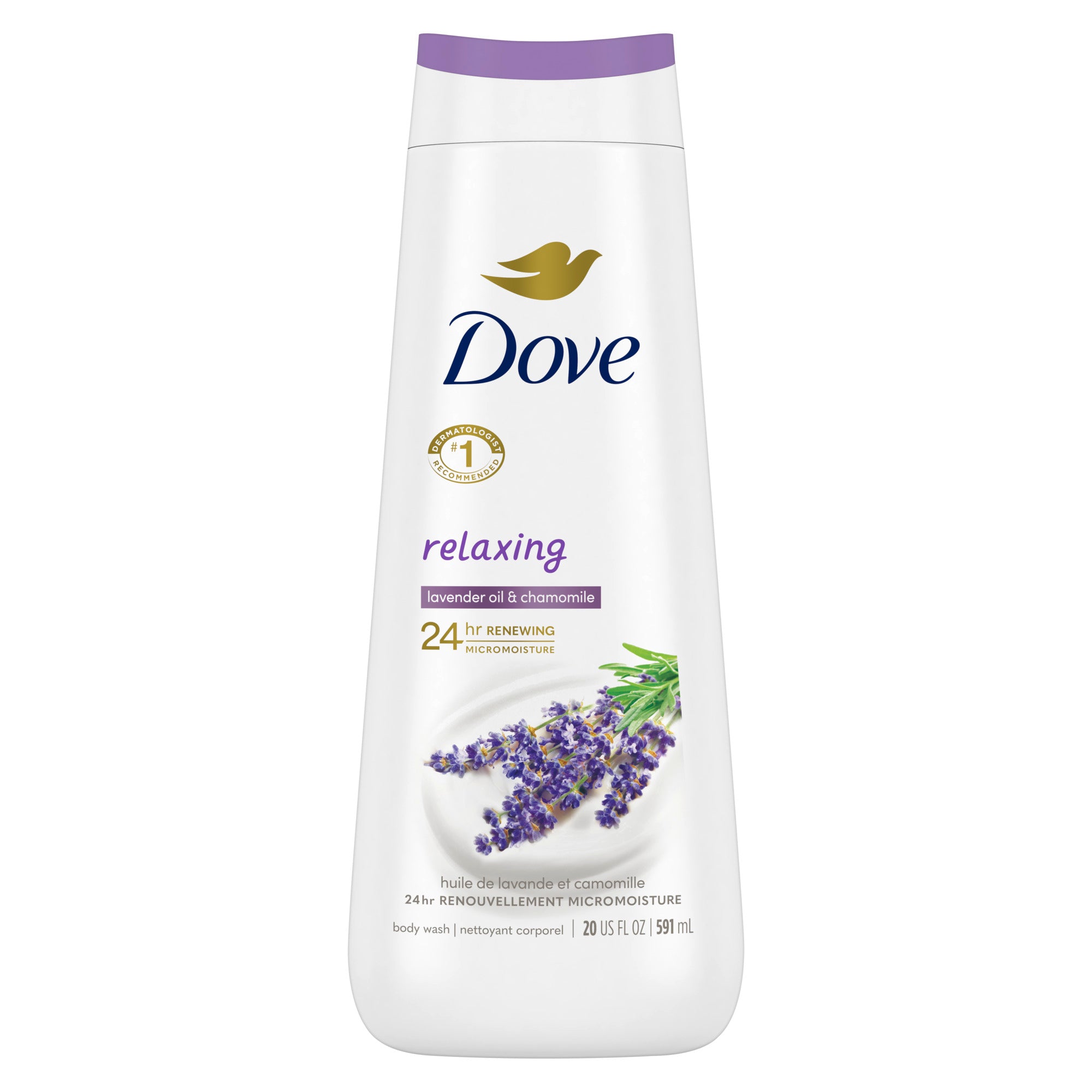 Showing the front angle view of the Dove Relaxing Lavender Oil & Chamomile Body Wash 650ml product.