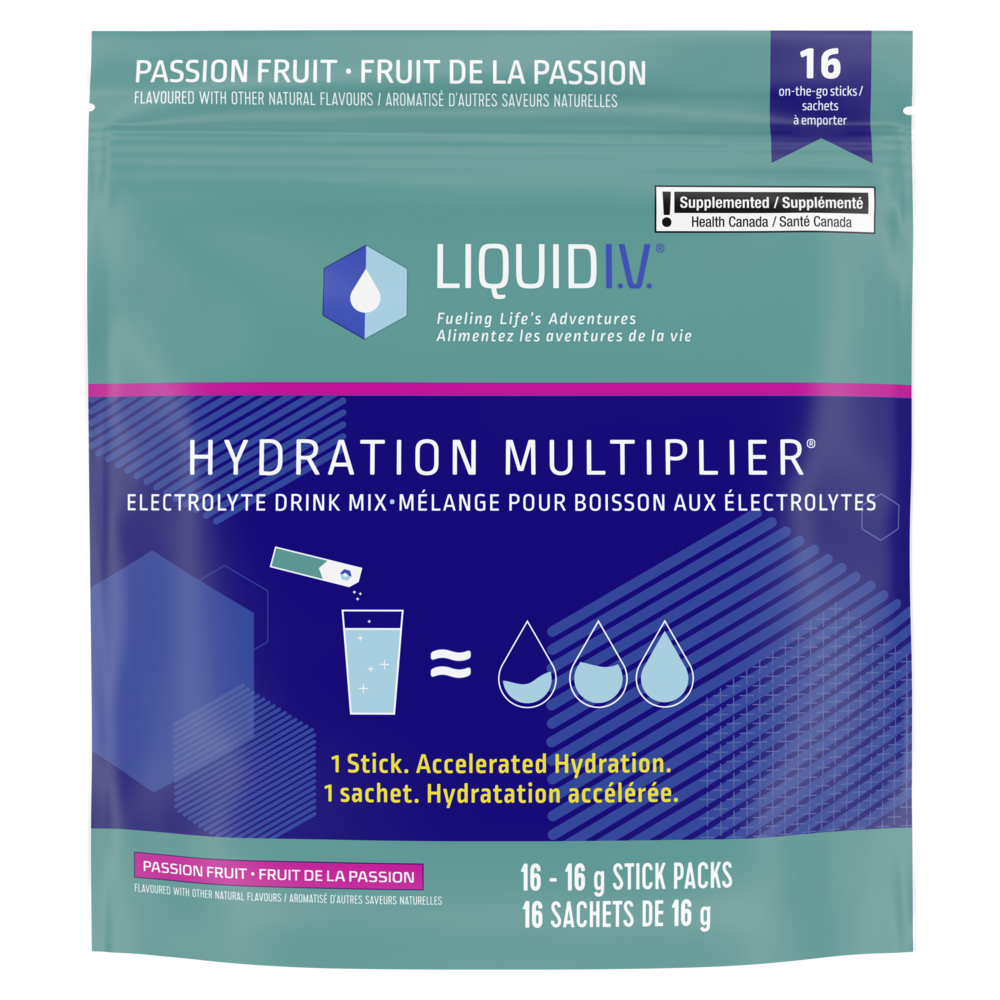 Showing the front angle view of the blue and green Liquid I.V. Hydration Multiplier Passion Fruit product packaging.