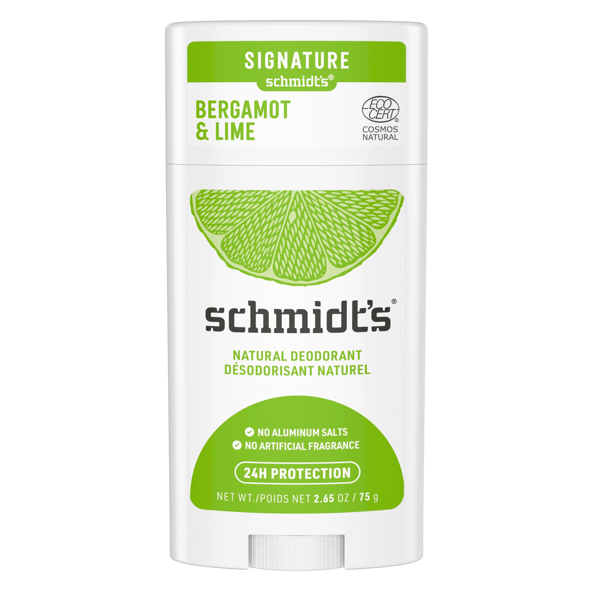 Front view of the lime green and white Schmidt's Bergamot and Lime Natural Deodorant 75g.
