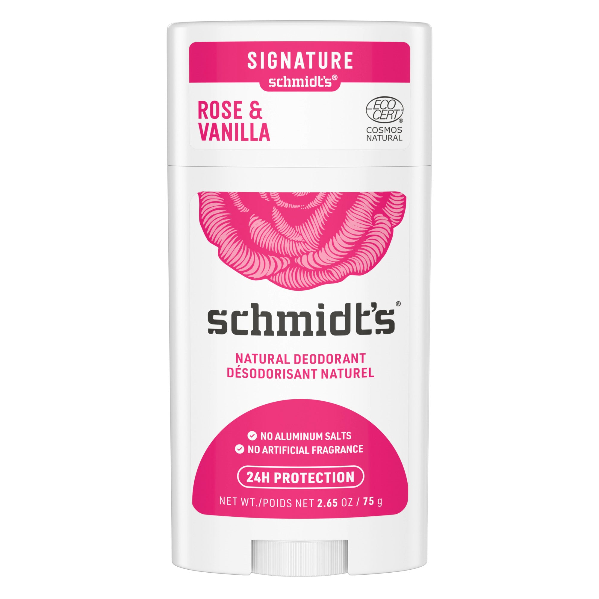 Showing the front angle view of the Schmidt's Rose and Vanilla Natural Deodorant 75g pink and white packaging.