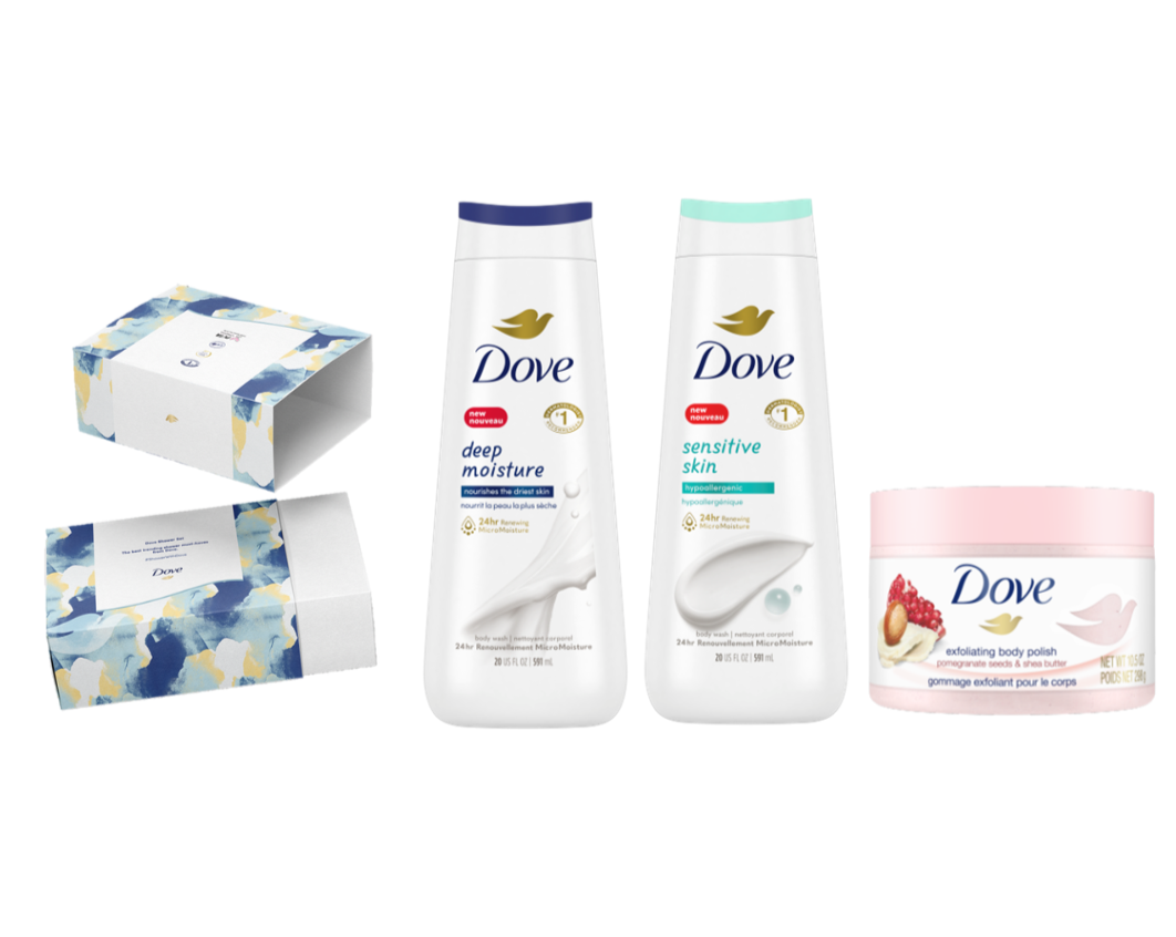 Showing the included Dove products alongside each other