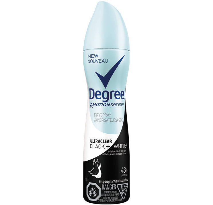 Showing the front angle view of the Degree UltraClear Black + White Dry Spray Antiperspirant Deodorant 107g product.