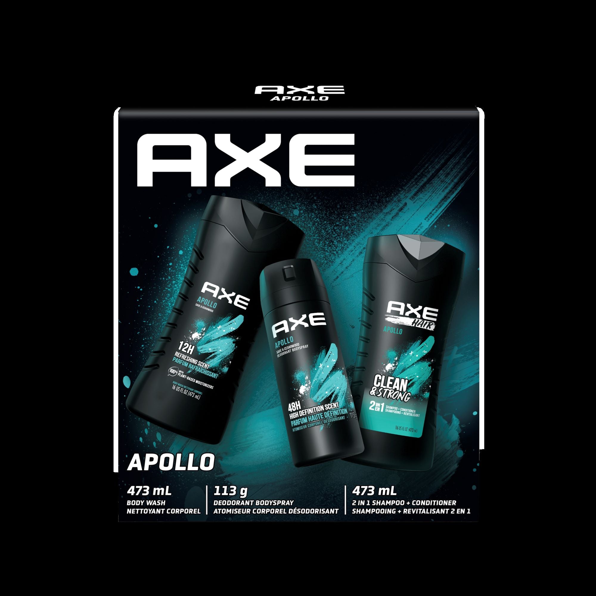 Showing the front angle view of the AXE Apollo Gift Set for Men giftpack box, with the 3 products included sitting in front of the box.