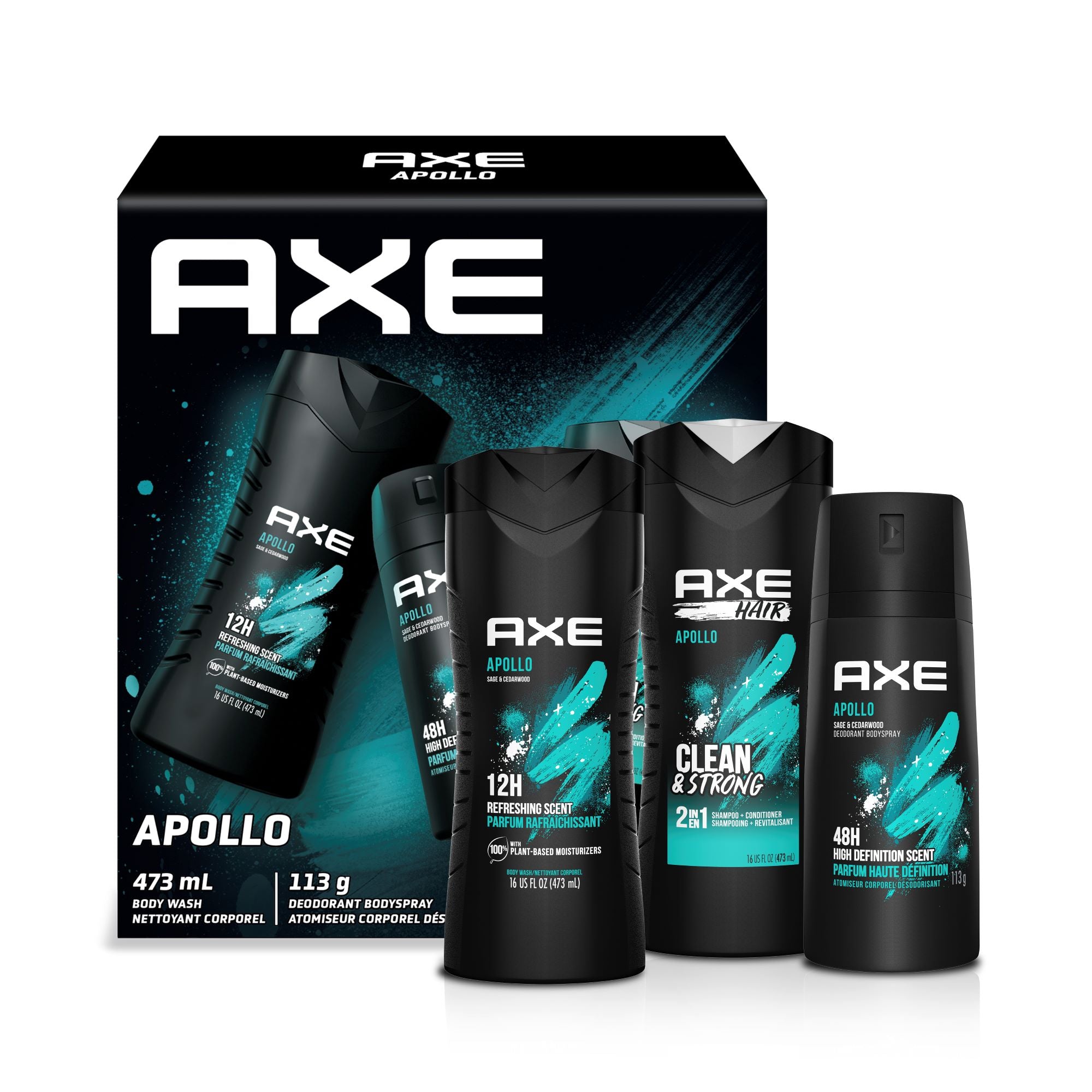 Showing the front angle view of the AXE Apollo Gift Set for Men giftpack box, with the 3 products included sitting in front of the box.