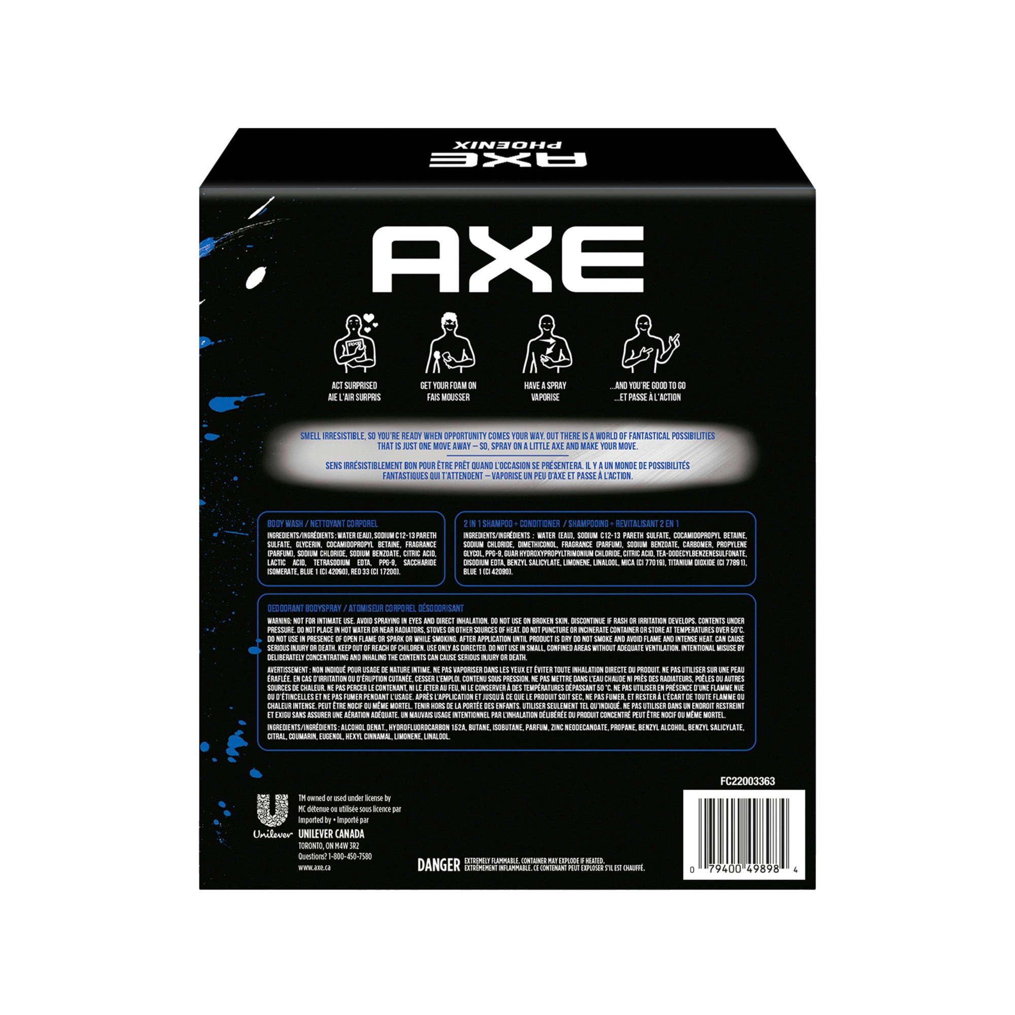 Showing the front angle view of the AXE Phoenix Gift Set for Men giftpack box, with the 3 included products outside of the box