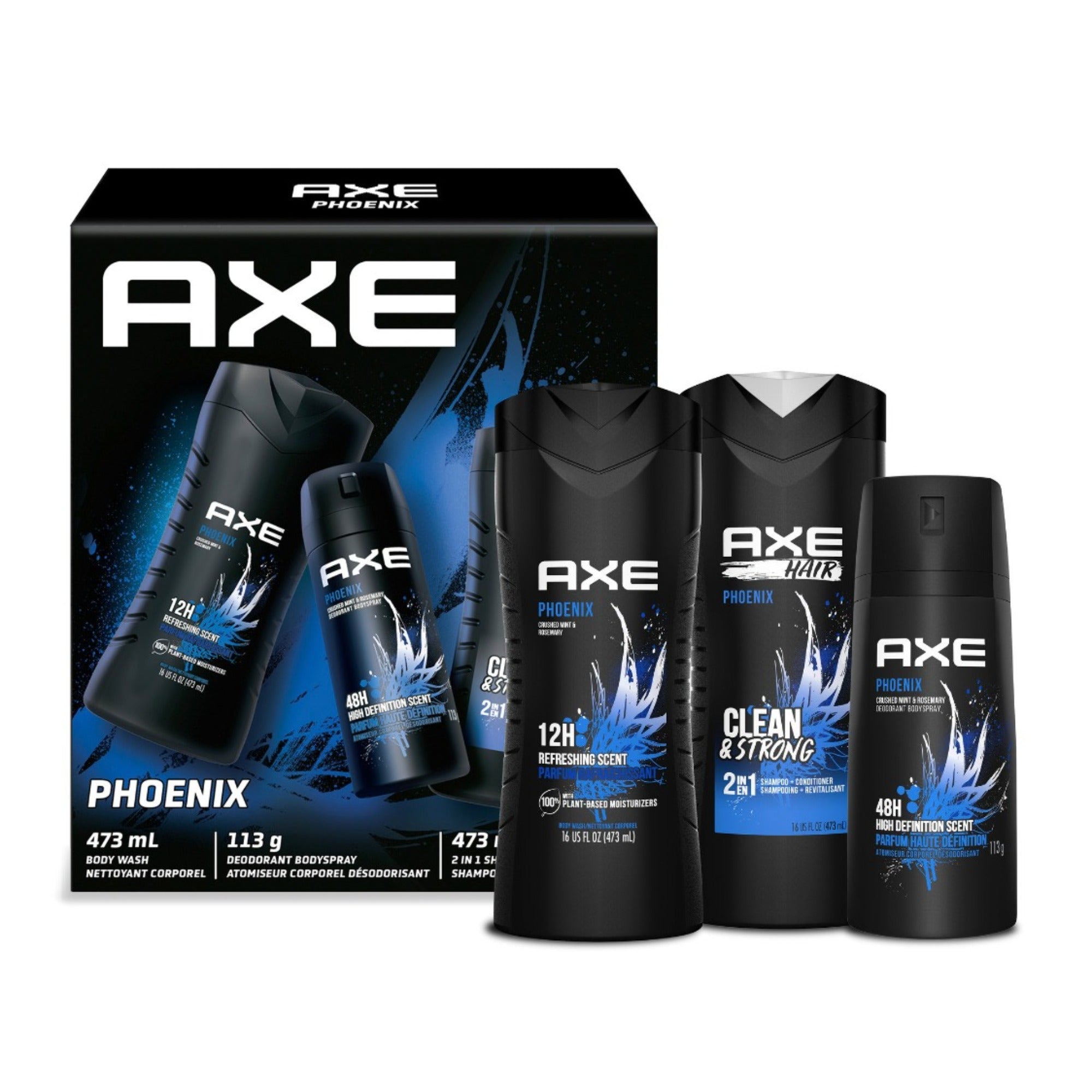 Showing the front angle view of the AXE Phoenix Gift Set for Men giftpack box, with the 3 included products outside of the box