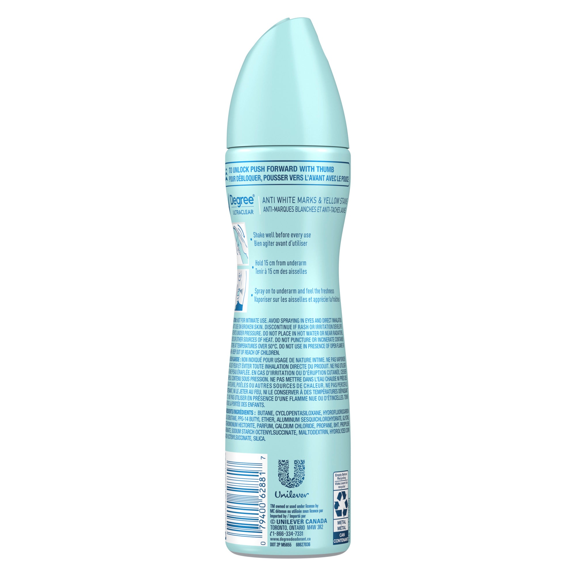 Showing the front angle view of the Degree UltraClear Black + White Dry Spray Antiperspirant Deodorant 107g product.