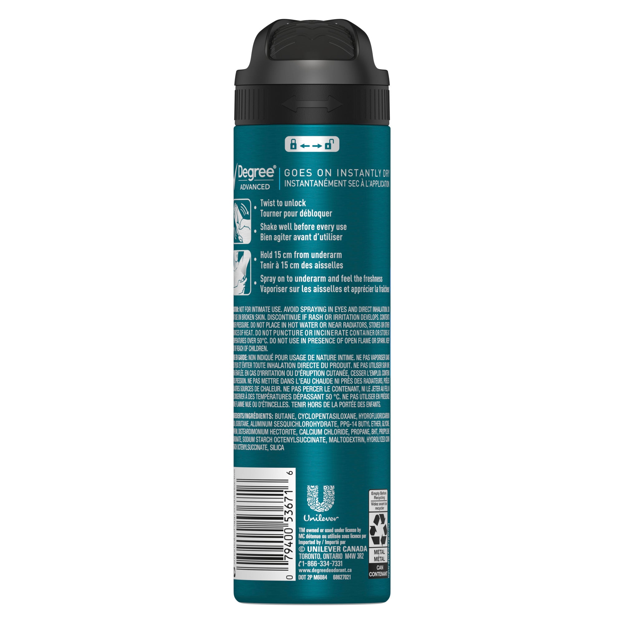 An image showing the frontside view of the Degree Men Advanced Cool Rush Dry Spray Antiperspirant product packaging.