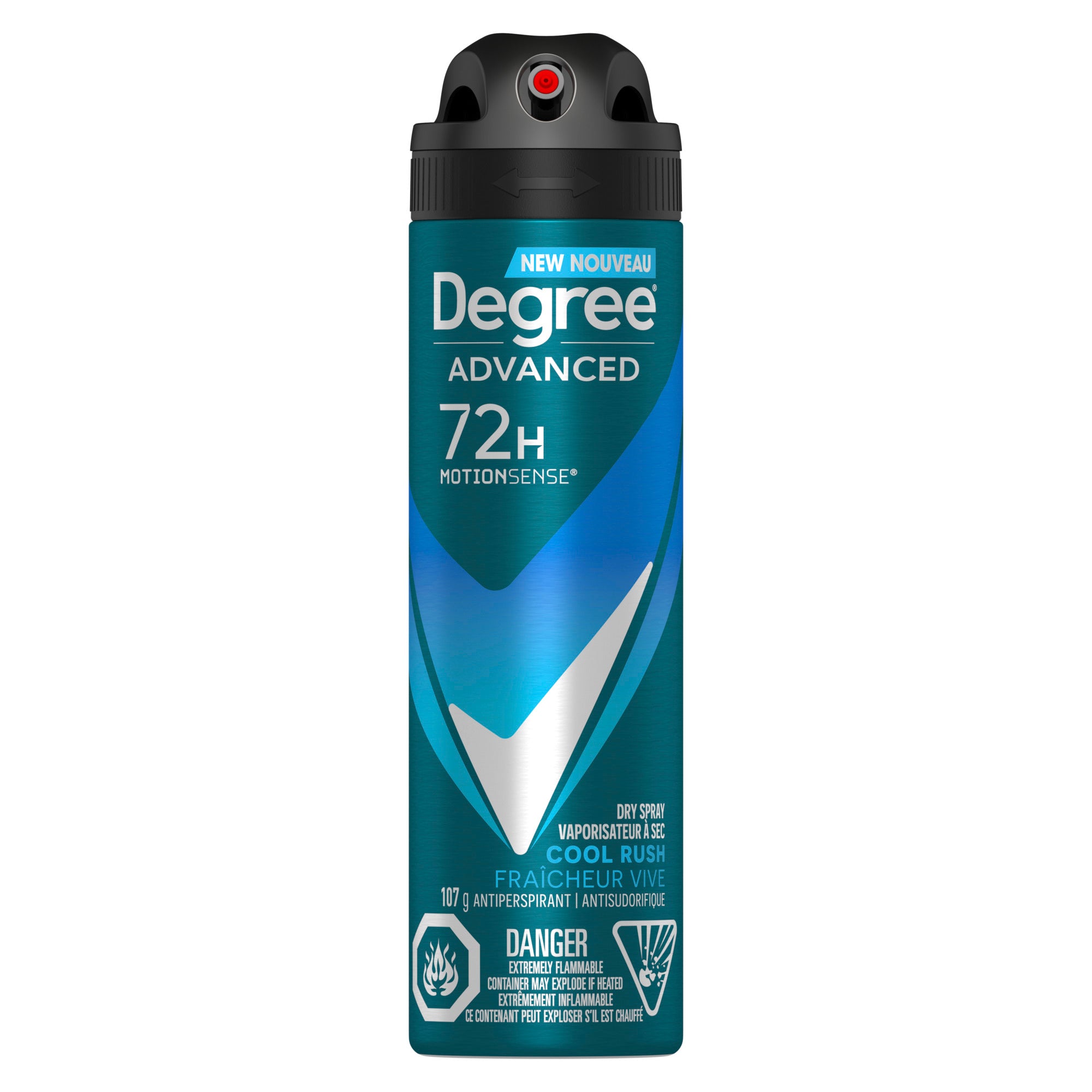 An image showing the frontside view of the Degree Men Advanced Cool Rush Dry Spray Antiperspirant product packaging.