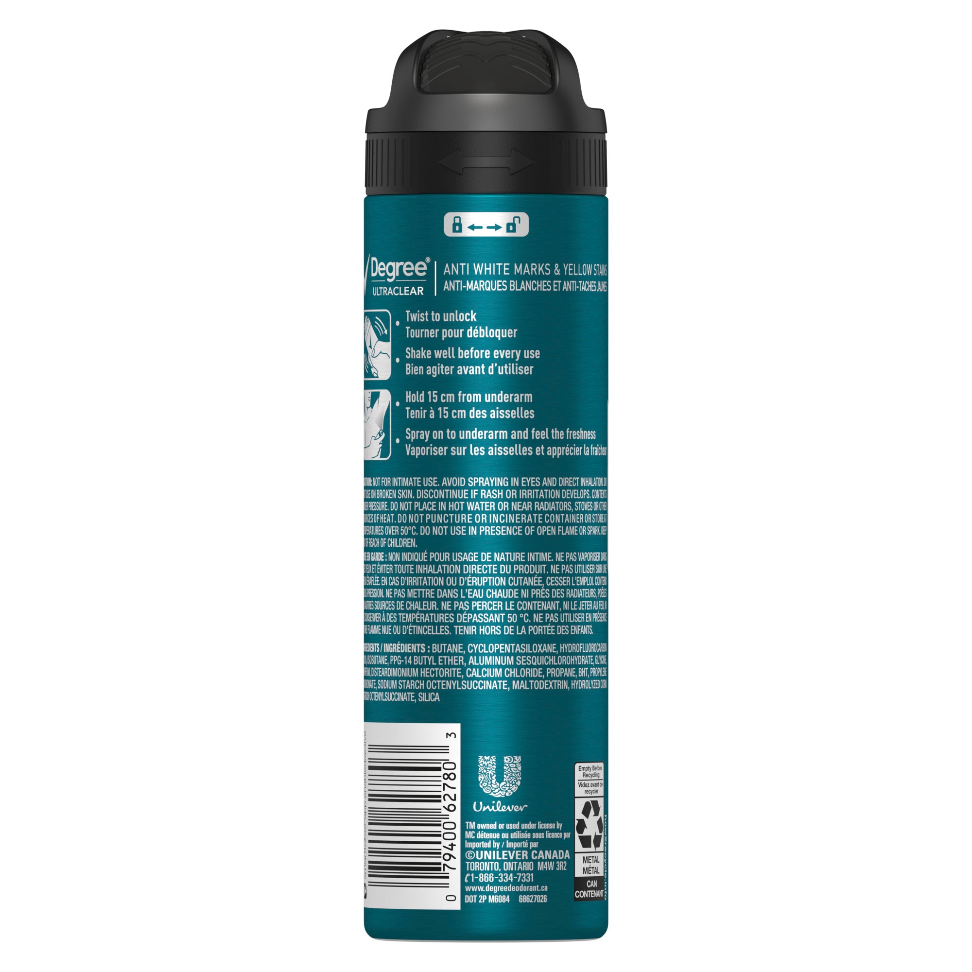 An image showing the frontside view of the Degree Men UltraClear Black + White Dry Spray Antiperspirant product packaging.