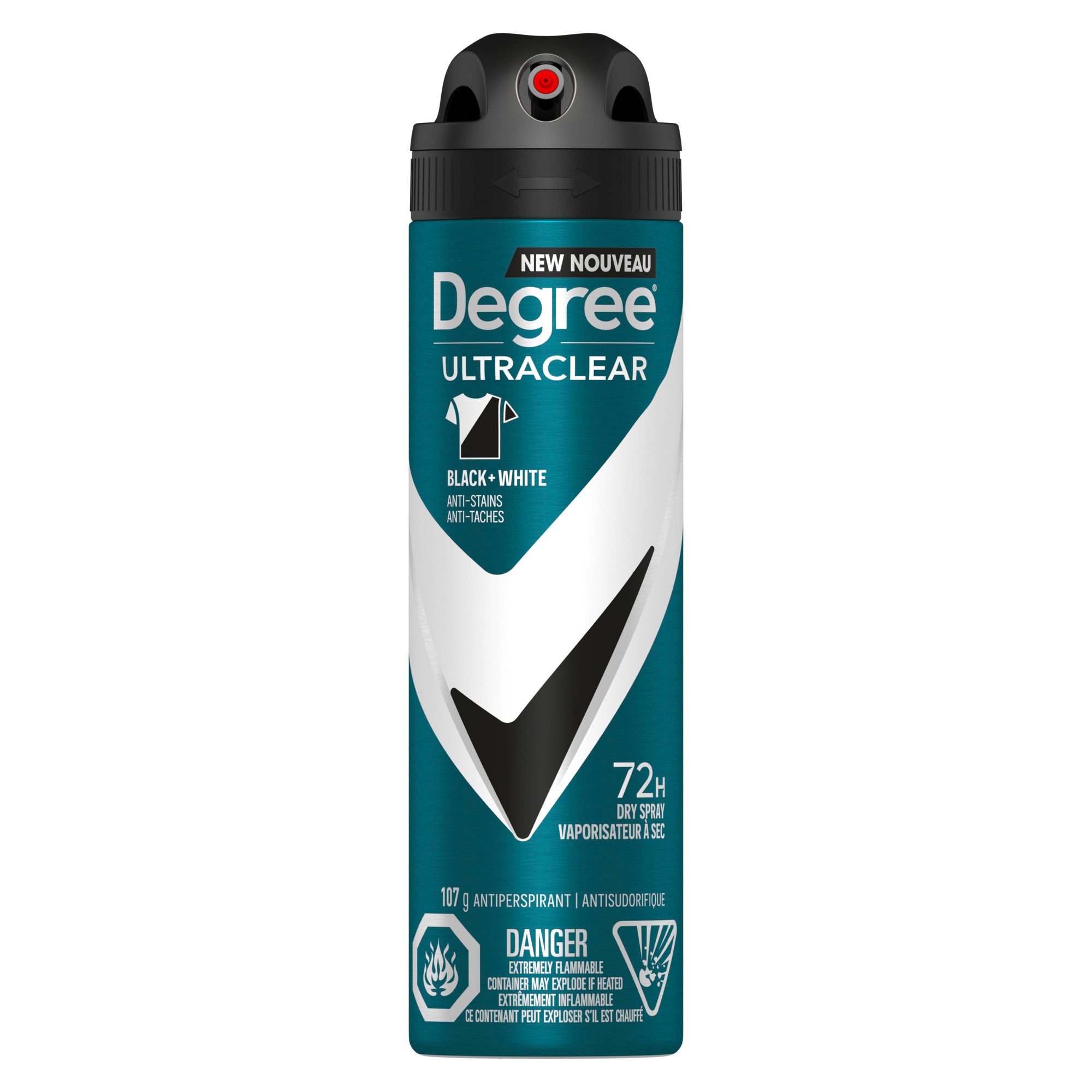 An image showing the frontside view of the Degree Men UltraClear Black + White Dry Spray Antiperspirant product packaging.