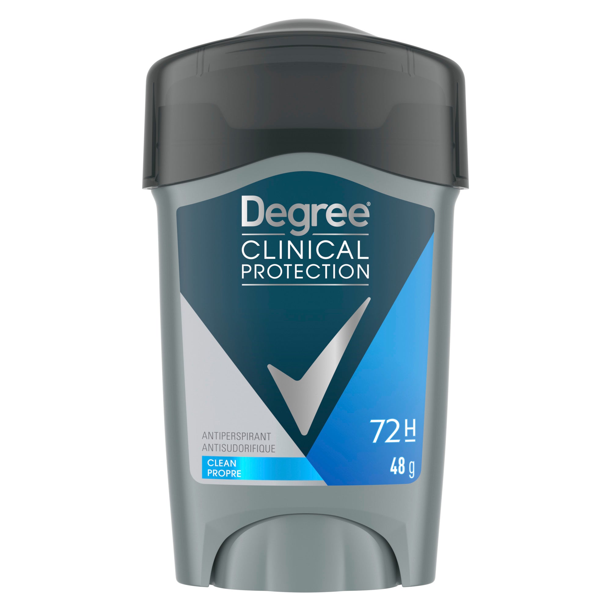 An image showing the frontside view of the Degree Men Clinical Protection Antiperspirant Deodorant Stick product packaging.