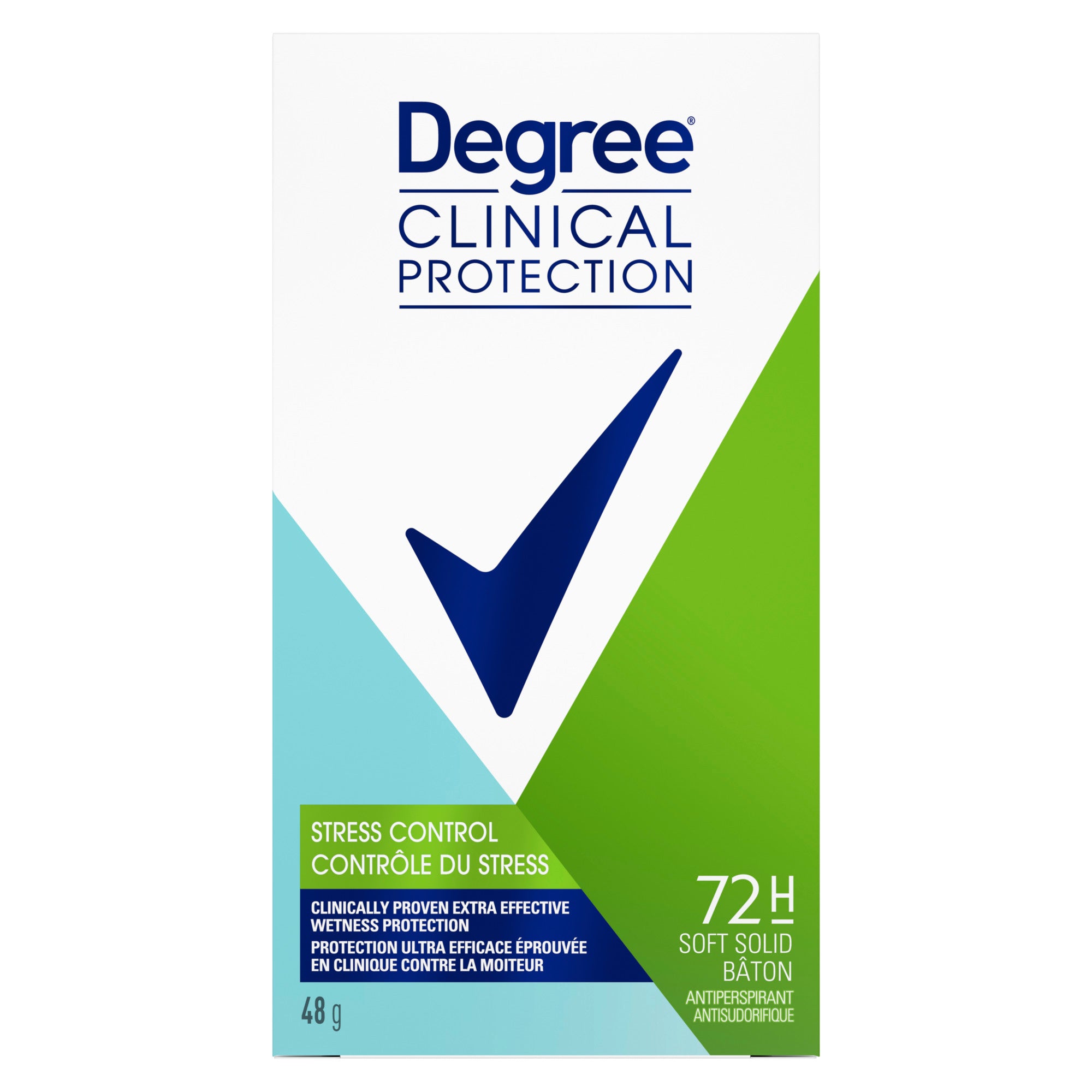 An image showing the frontside view of the Degree Clinical Protection Stress Control Antiperspirant Stick product packaging.