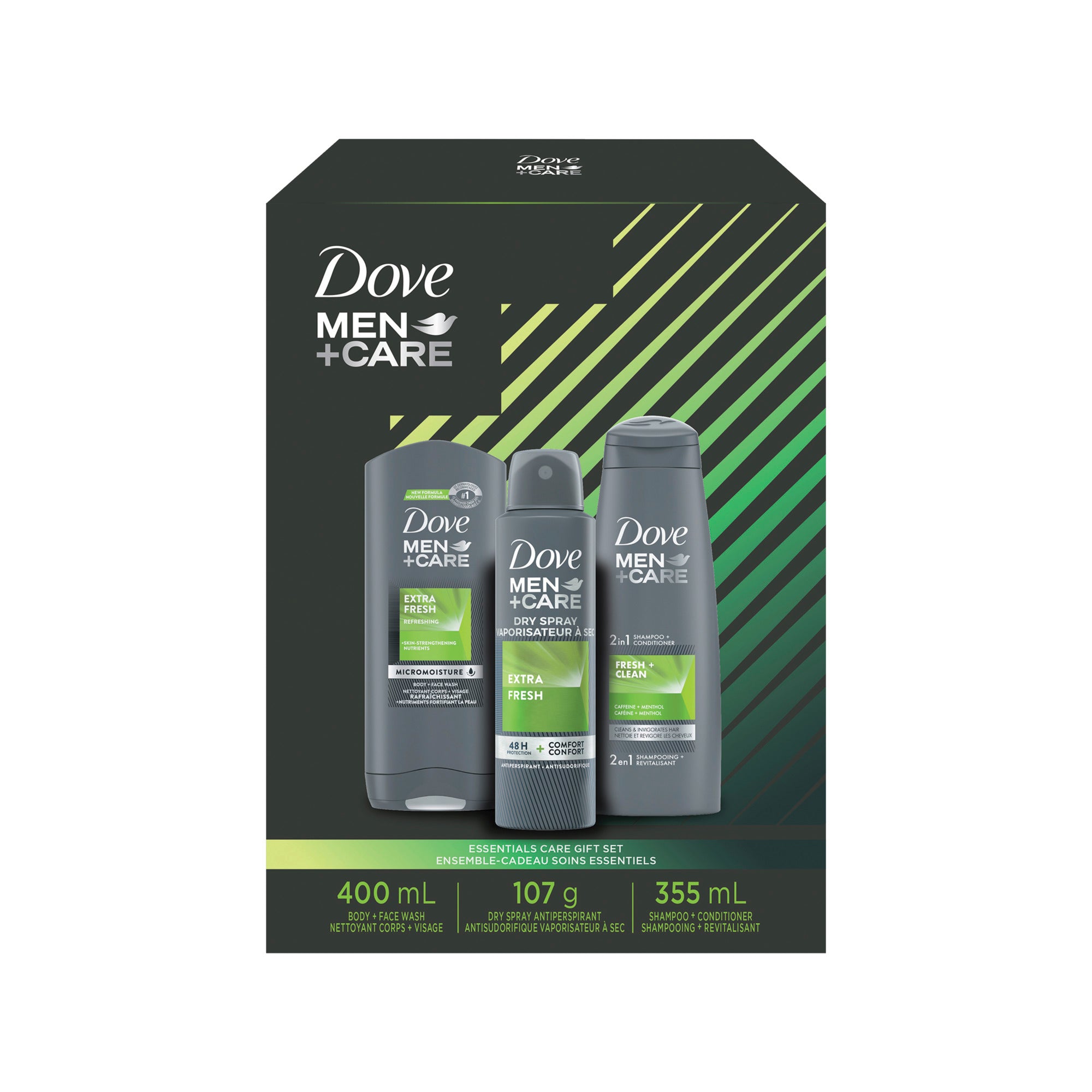 Showing the front angle view of the Dove Men+Care Extra Fresh Total Care Gift Set box.