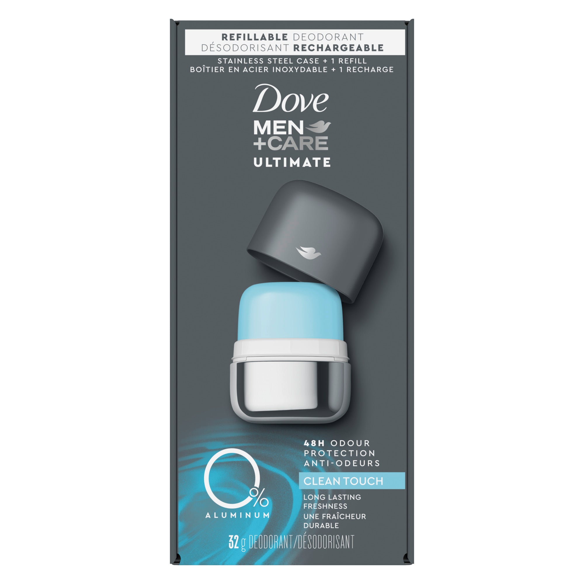 An image showing the frontside view of the Dove Men Clean Touch Refill product packaging.