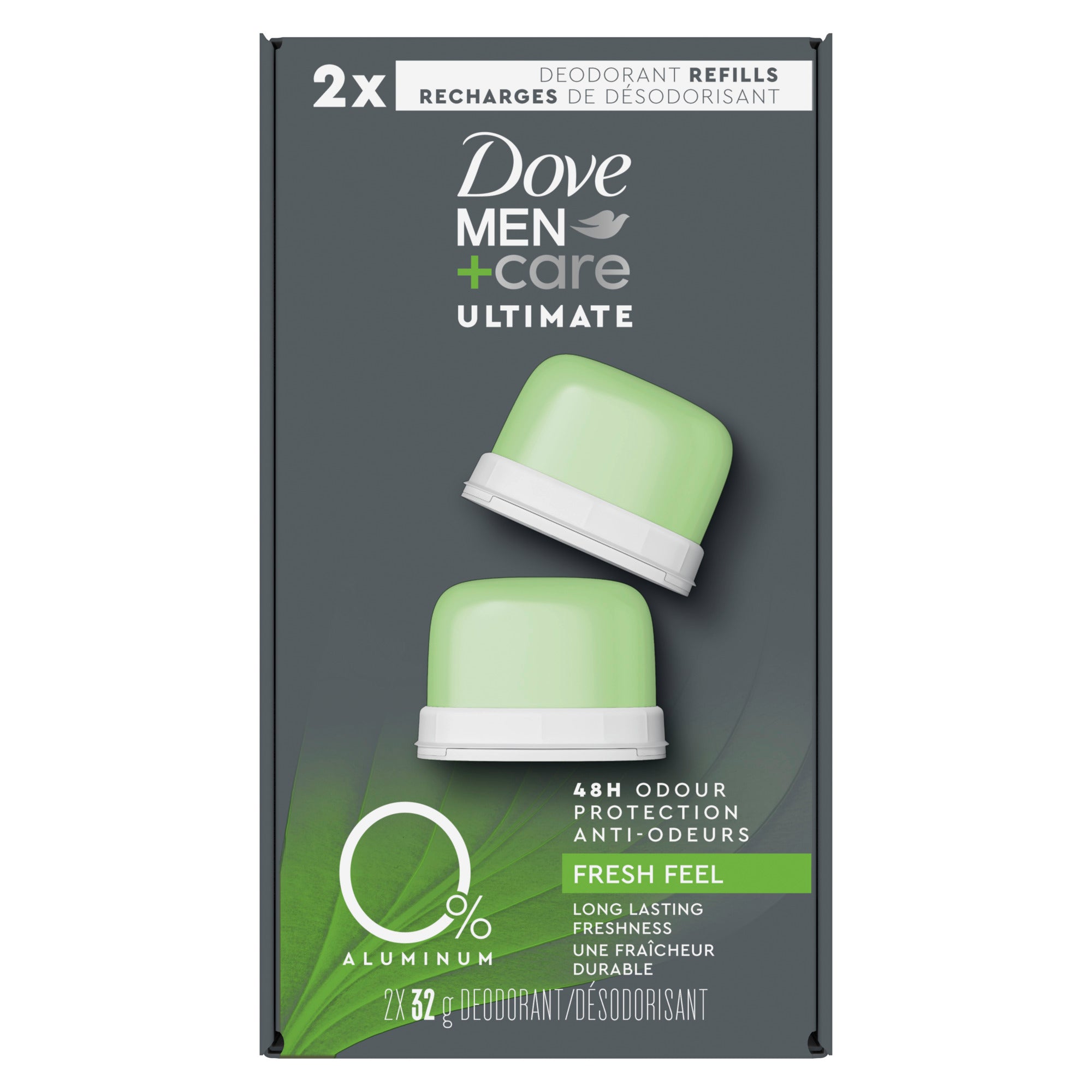 An image showing the frontside view of the Dove Men Feel Fresh Refill product packaging.