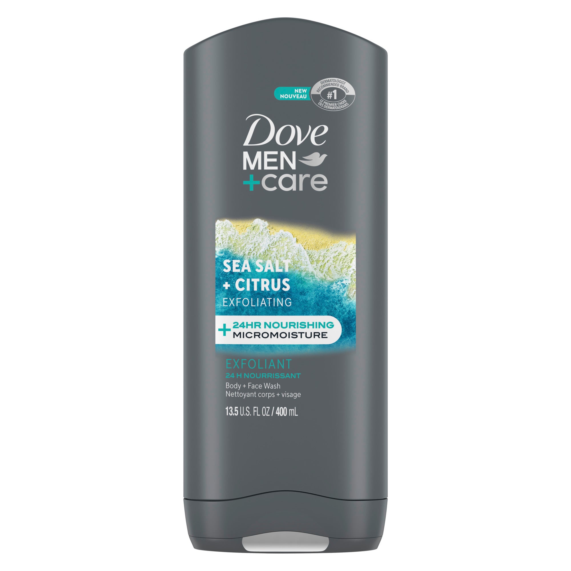 An image showing the frontside view of the Dove Men+Care Exfoliating Sea Salt + Citrus Body + Face Wash product packaging.