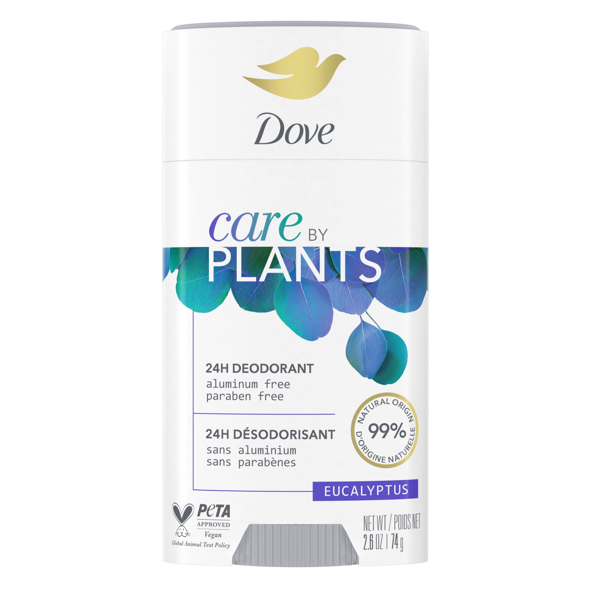 An image showing the frontside view of the Dove Care by Plants Eucalyptus Deodorant product packaging.