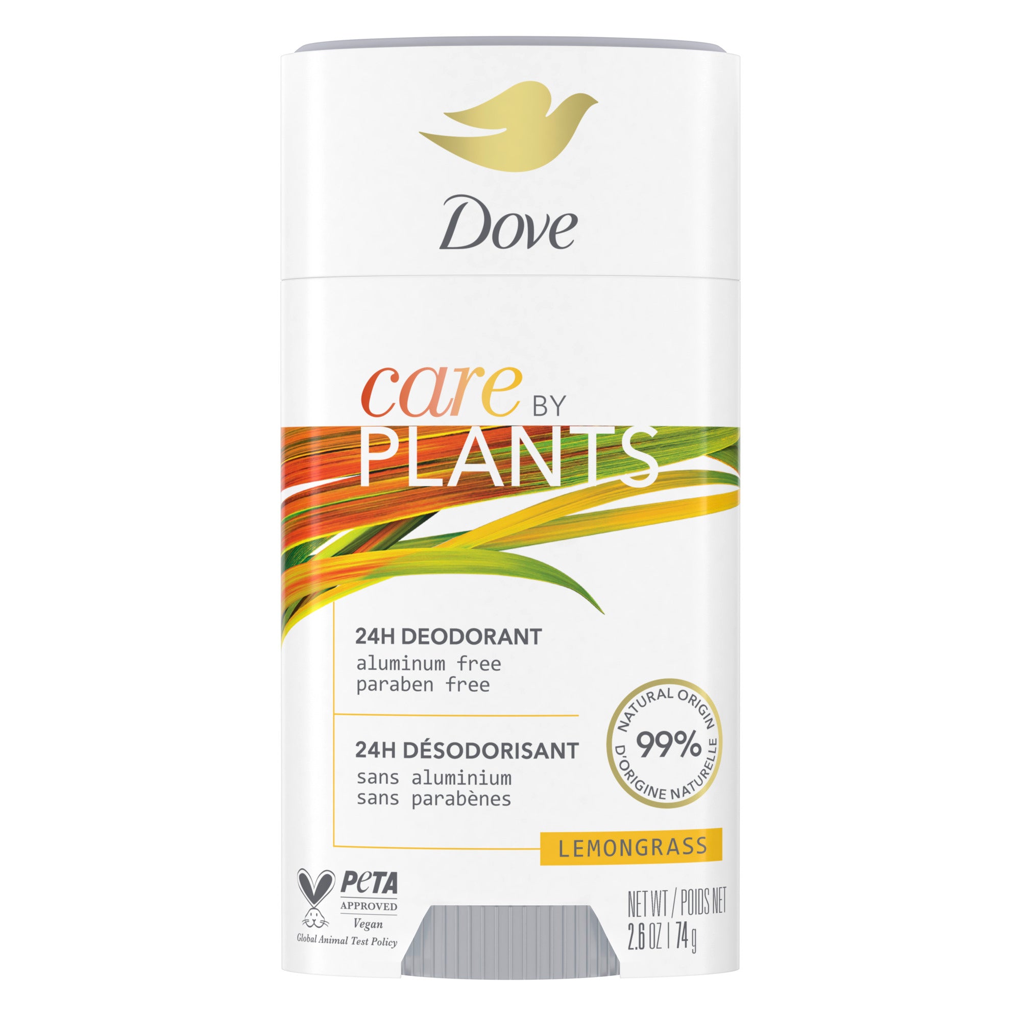 An image showing the frontside view of the Dove Care by Plants Lemongrass Deodorant product packaging.