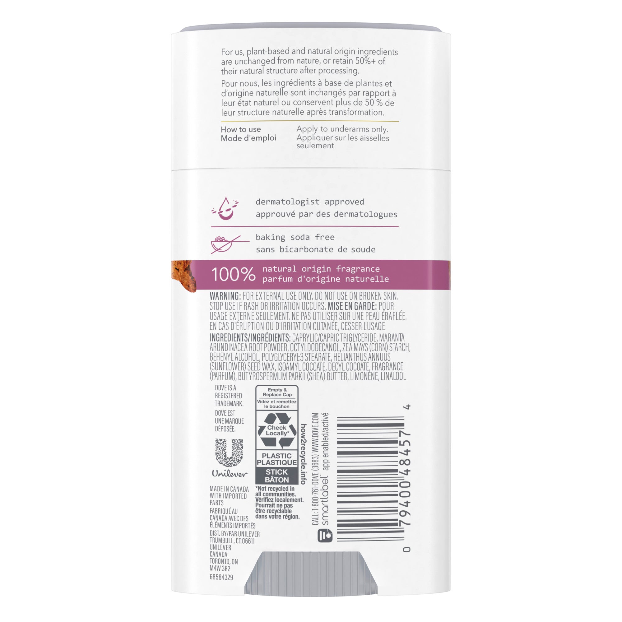 An image showing the frontside view of the Dove Care by Plants Sandalwood Deodorant product packaging.