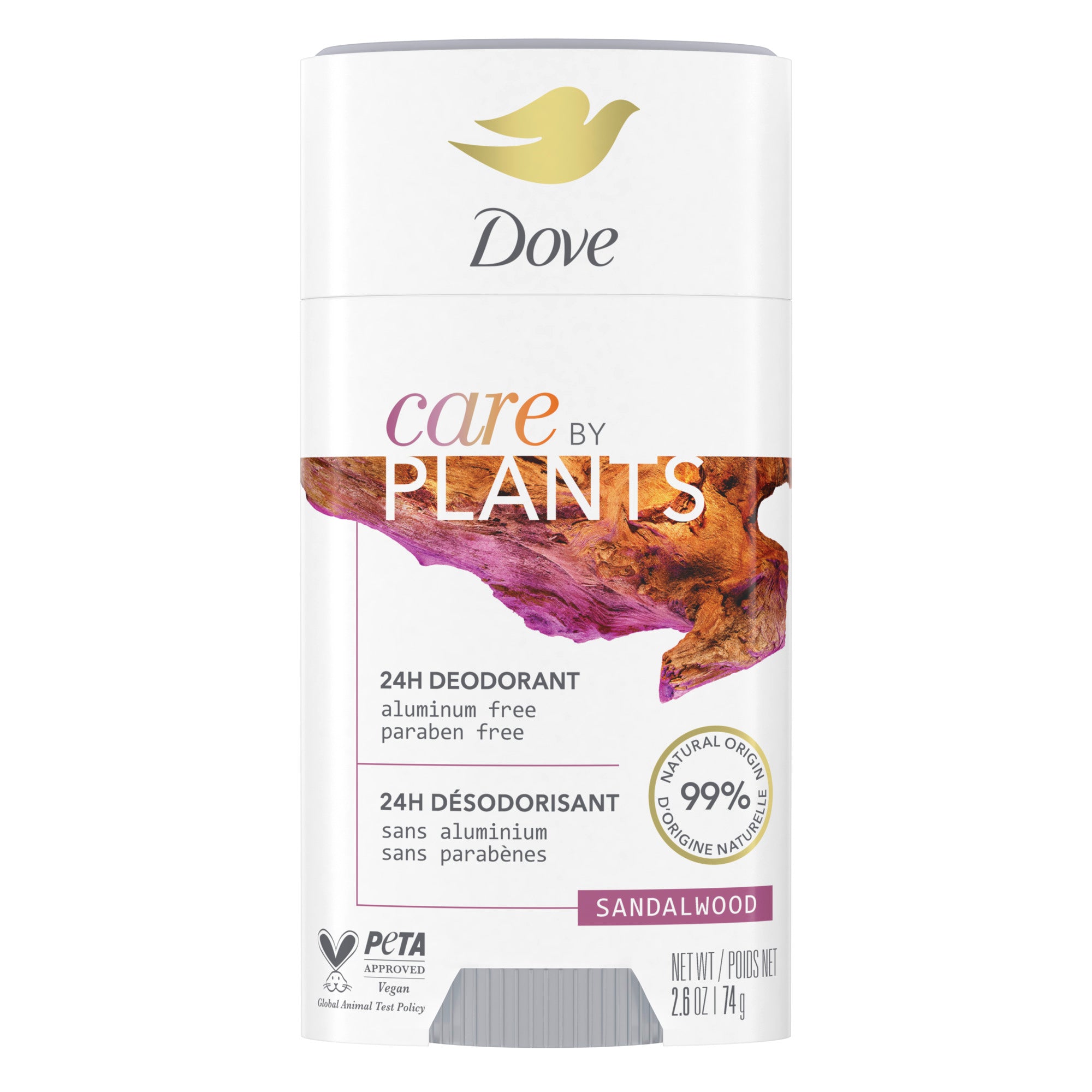 An image showing the frontside view of the Dove Care by Plants Sandalwood Deodorant product packaging.