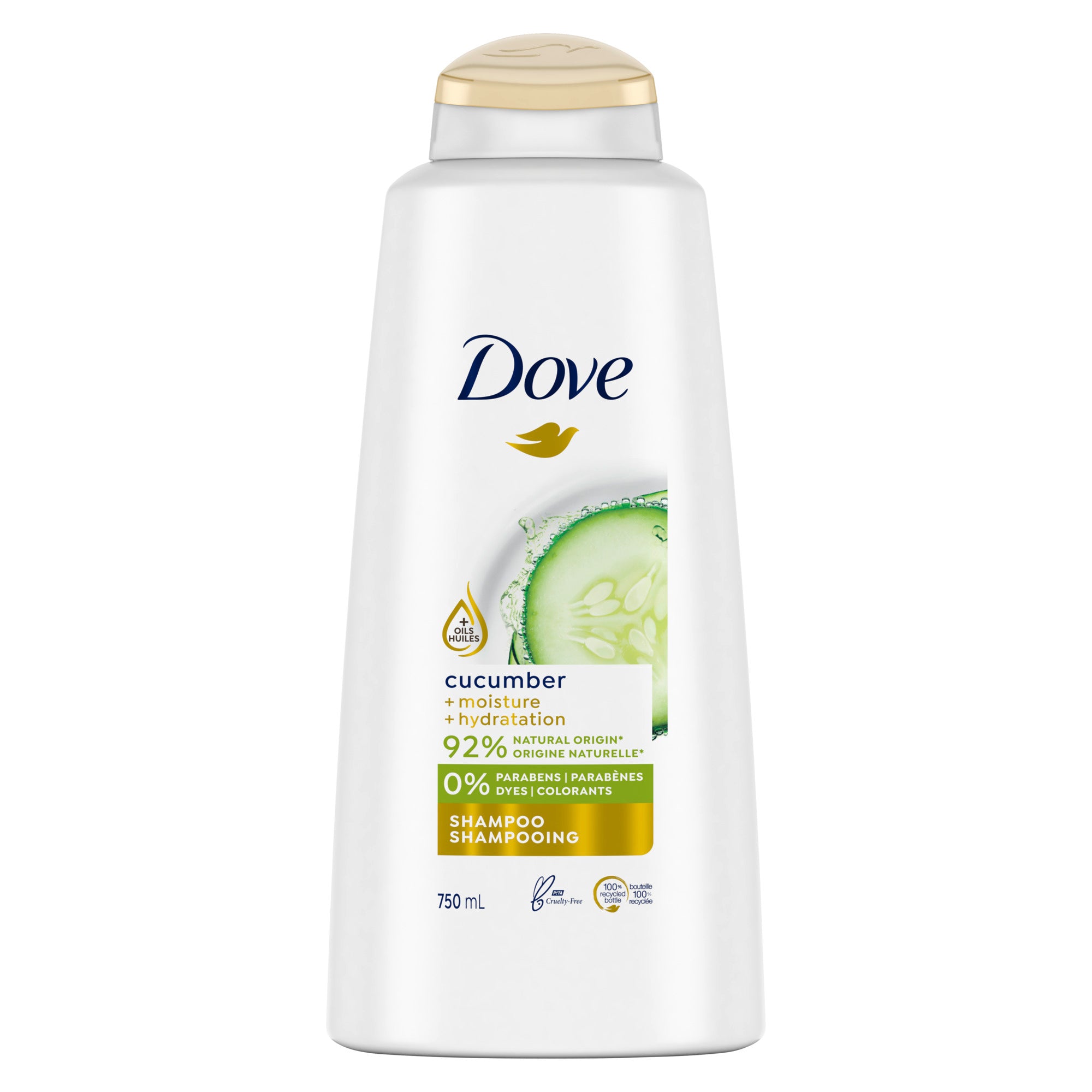 Showing the front angle view of the Dove Cool Moisture (Cucumber + Moisture) Shampoo 750mL product.