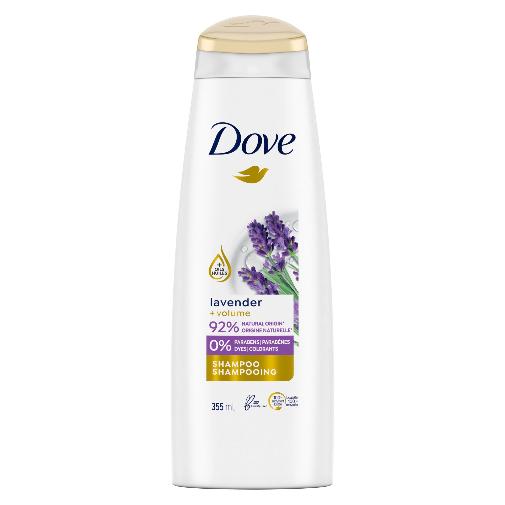 Showing the front angle view of the Dove Nourishing Secrets Shampoo Thickening Ritual Lavender 355ml product.