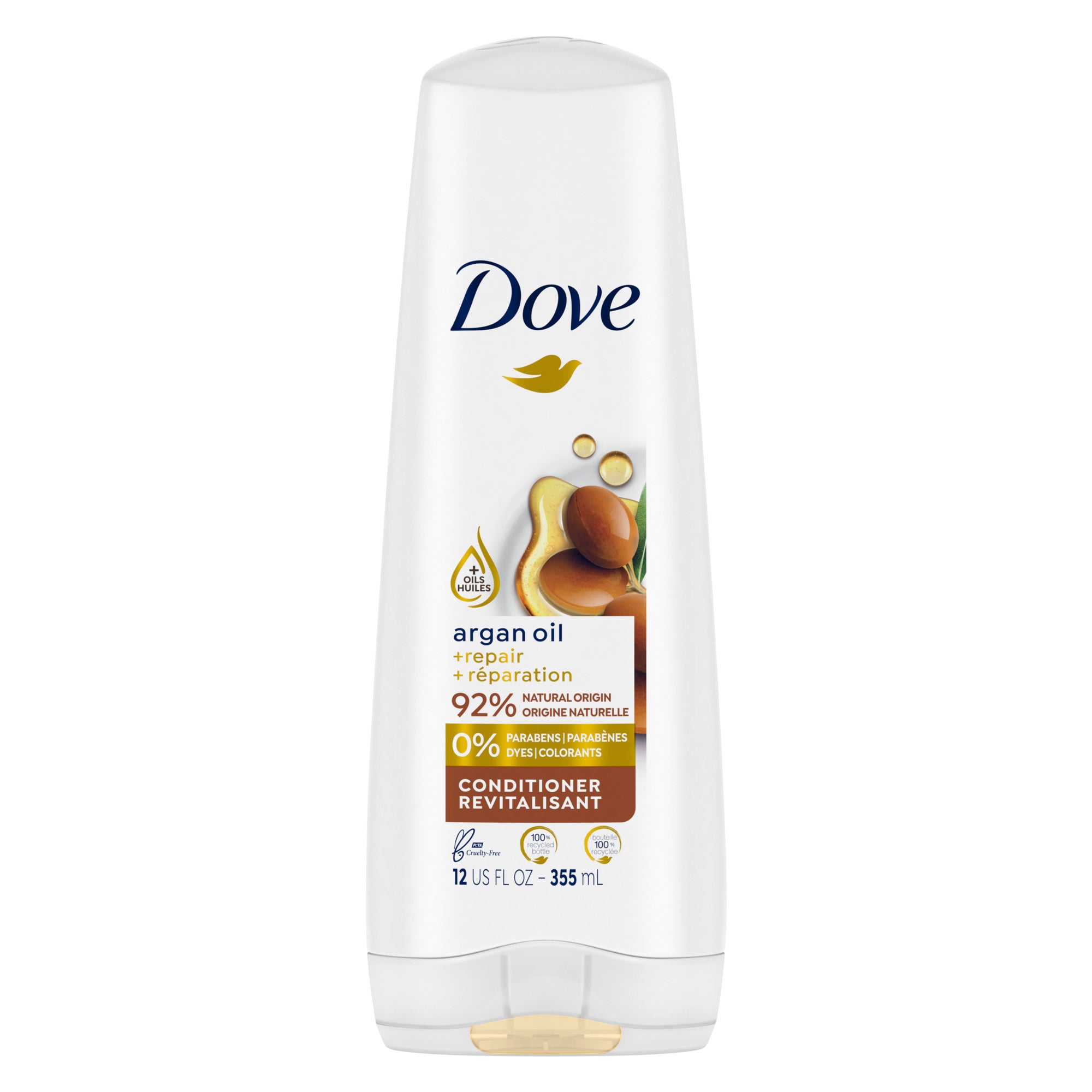 Showing the front angle view of the Dove Argan Oil + Damage Repair Conditioner 355mL product.