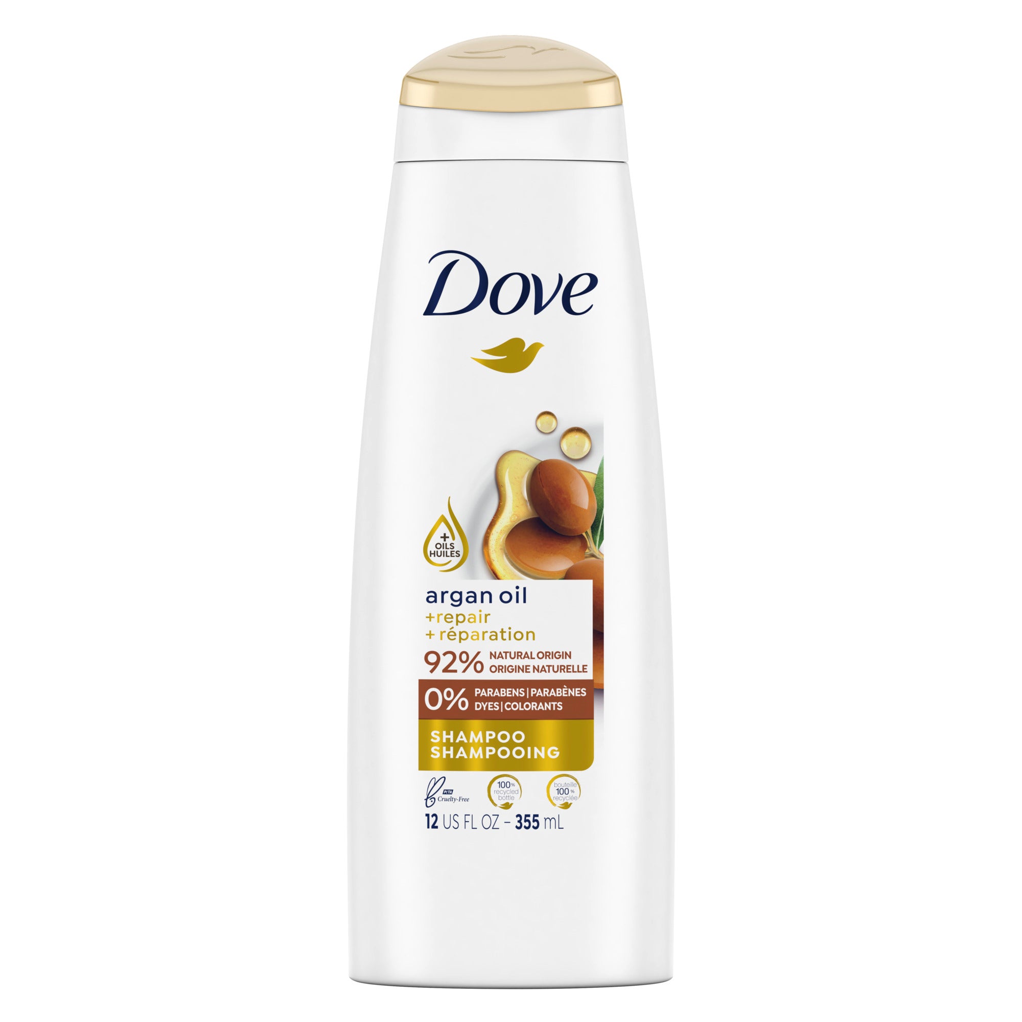 Showing the front angle view of the Dove Argan Oil + Damage Repair Shampoo 355mL product.