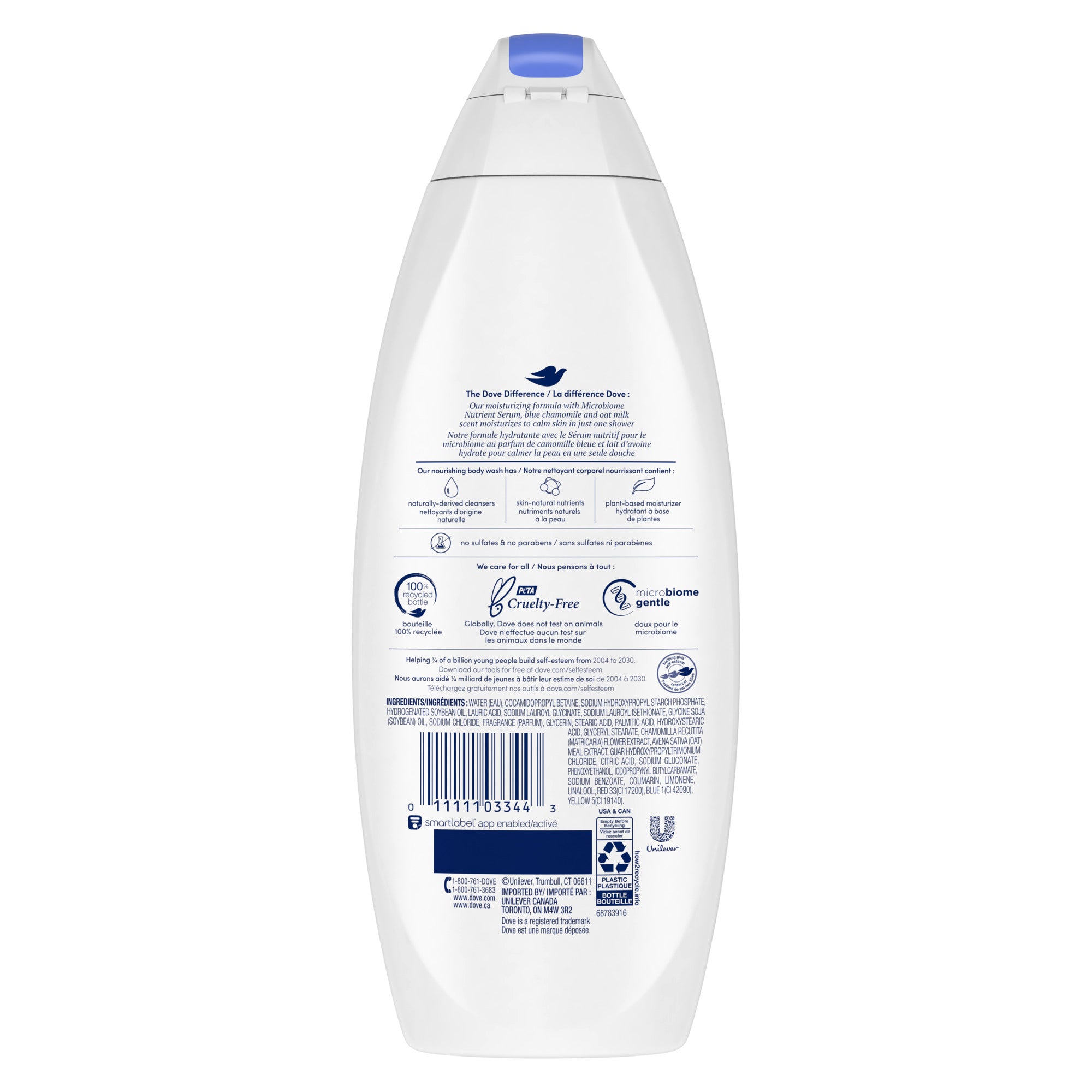 Showing the front angle view of the Dove Anti Stress Blue Chamomile & Oat Milk Body Wash 650ml product.