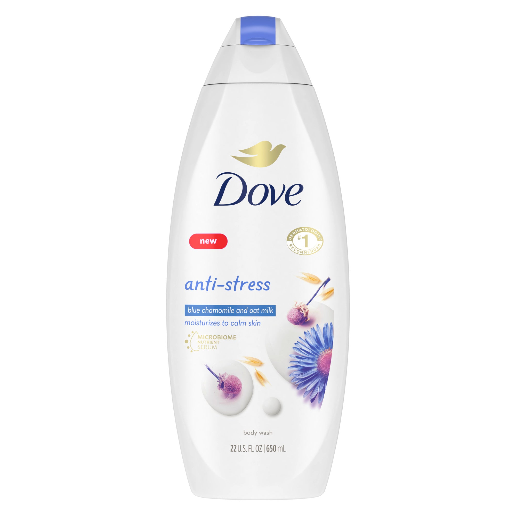 Showing the front angle view of the Dove Anti Stress Blue Chamomile & Oat Milk Body Wash 650ml product.