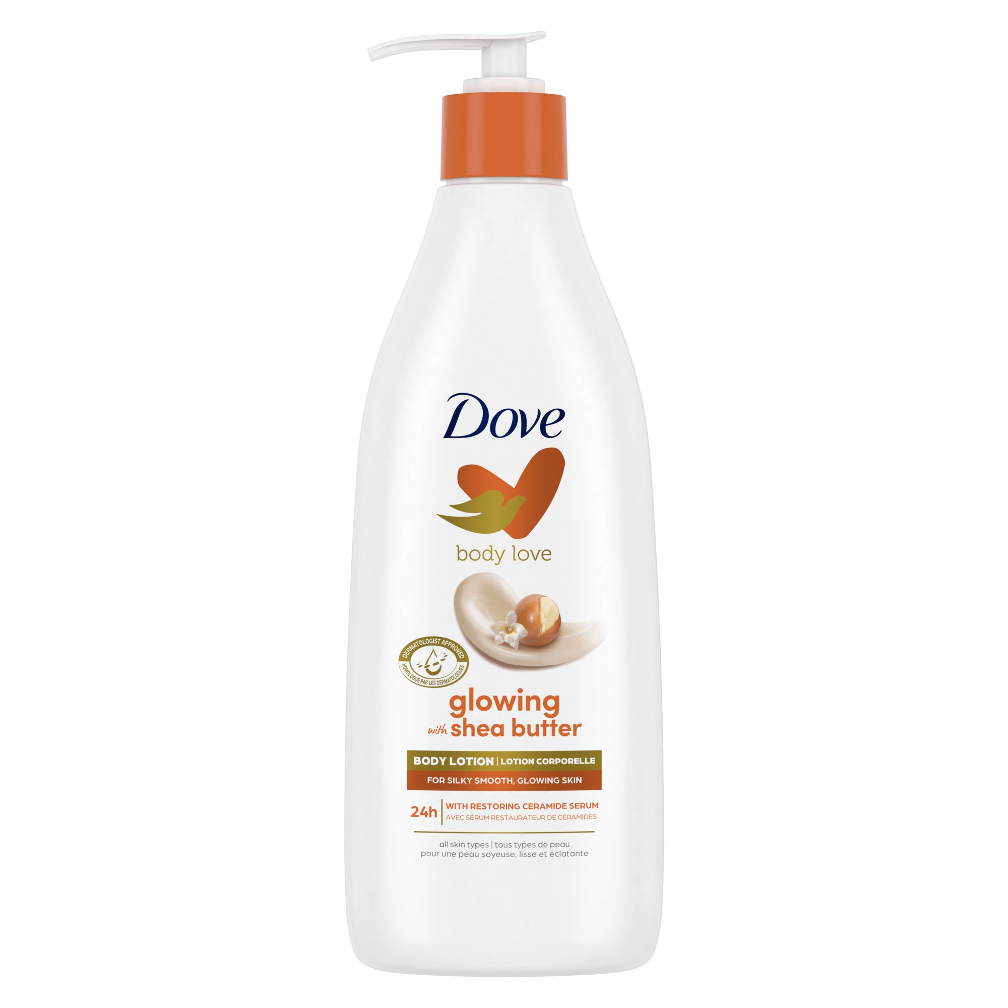 Showing the front angle view of the white and orange Dove Body Love Glowing With Shea Butter Body Lotion 400ml product packaging.