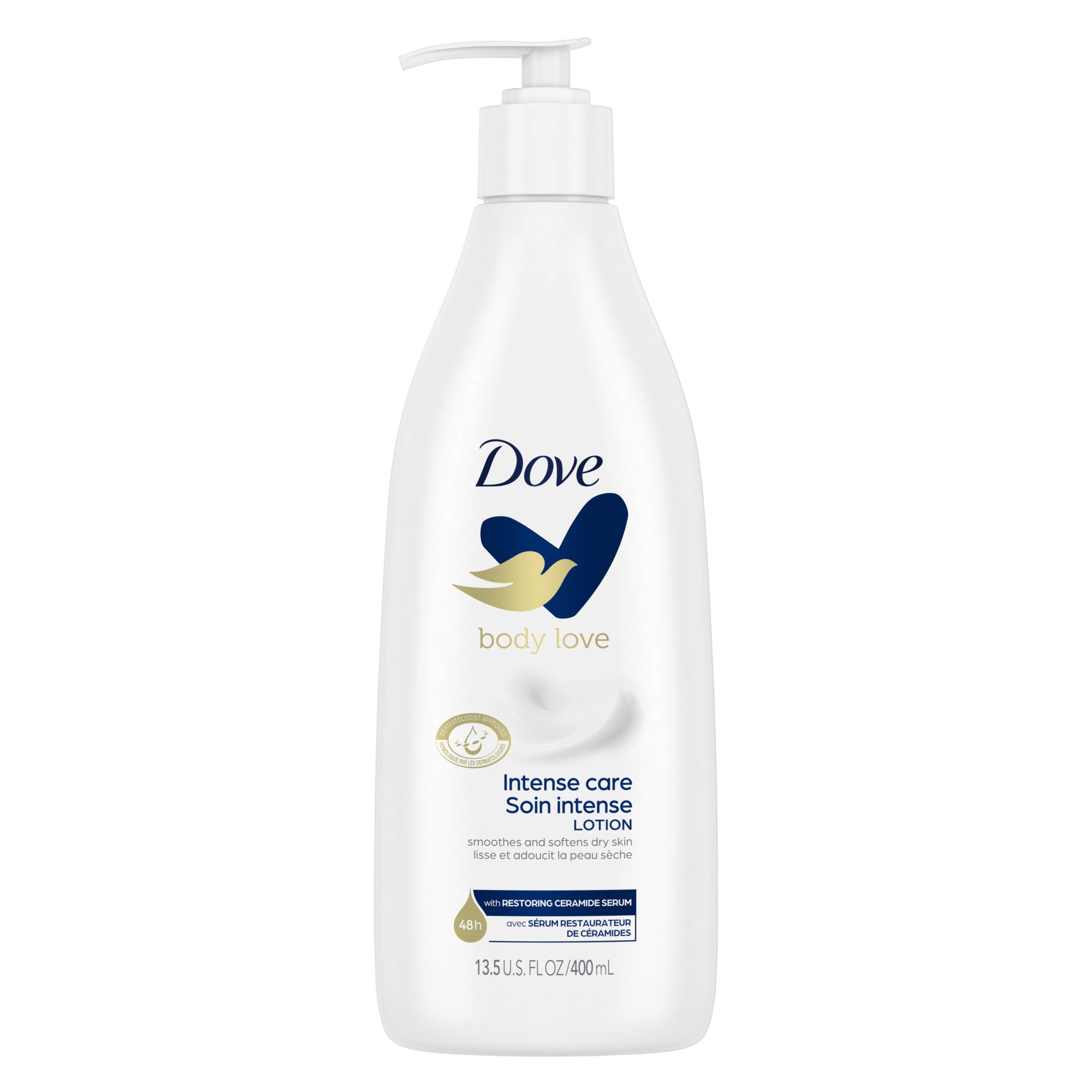 An image showing the frontside view of the Dove Body Love Intense Care Body Lotion product packaging.