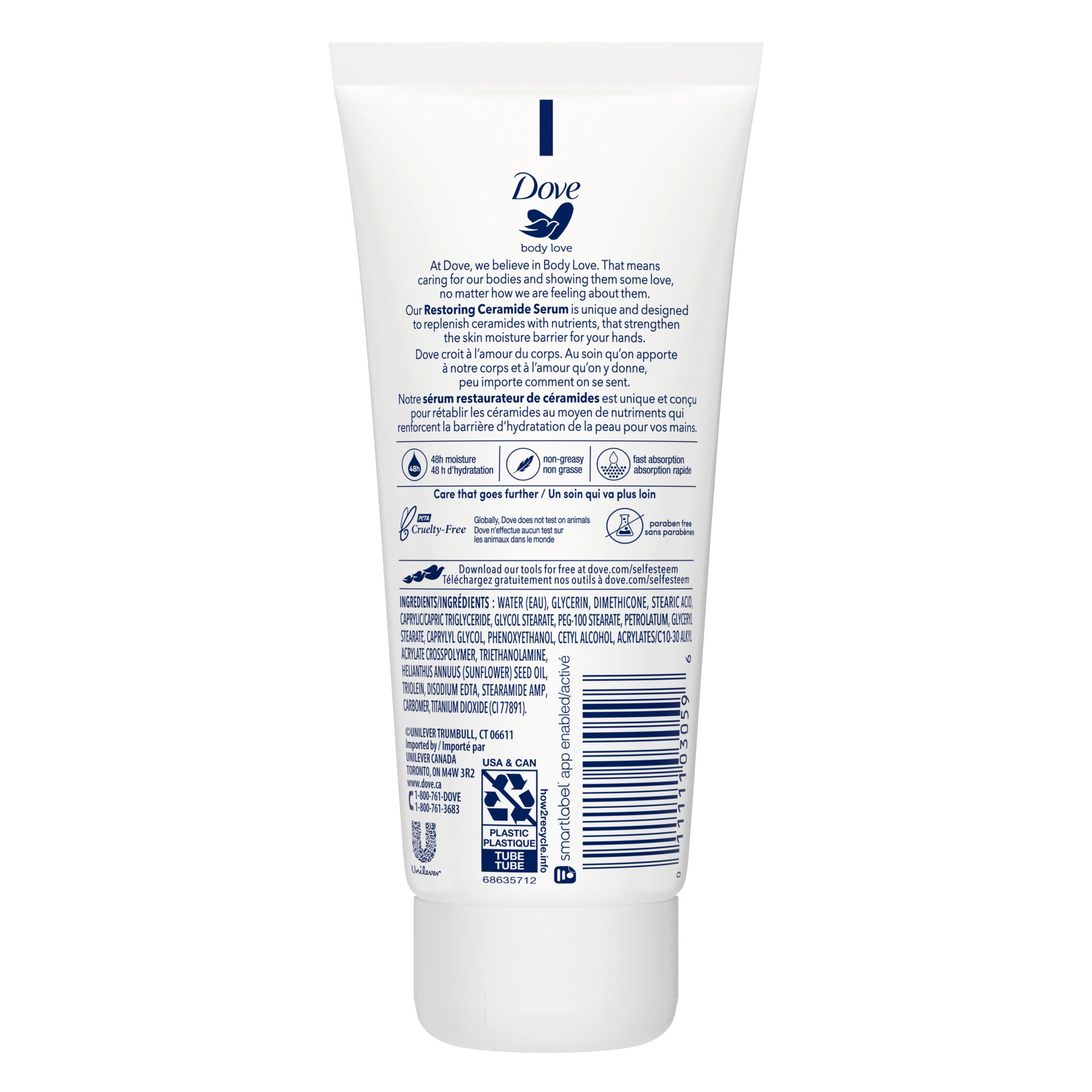 An image showing the frontside view of the Dove Body Love Sensitive Care Hand Cream product packaging.