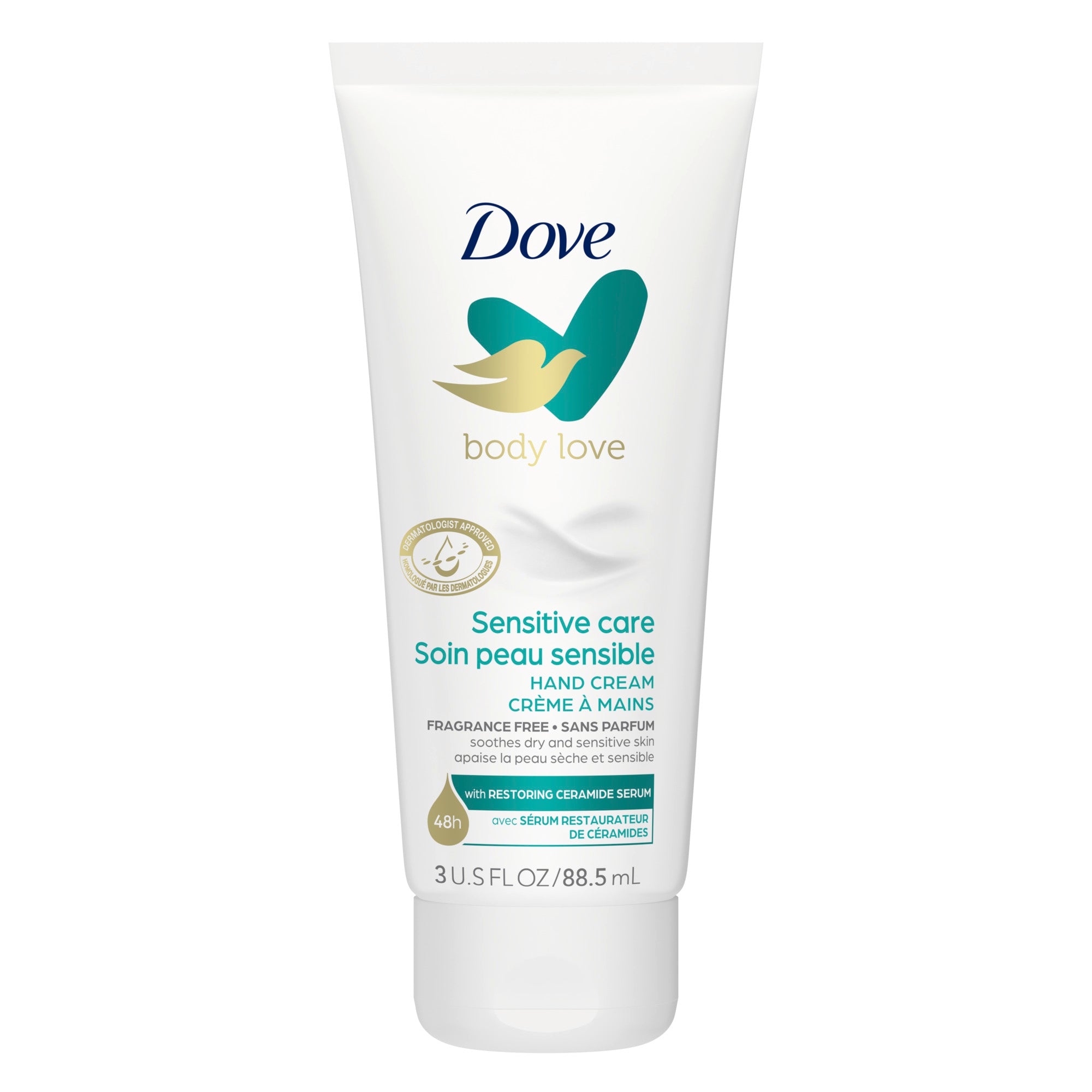 An image showing the frontside view of the Dove Body Love Sensitive Care Hand Cream product packaging.