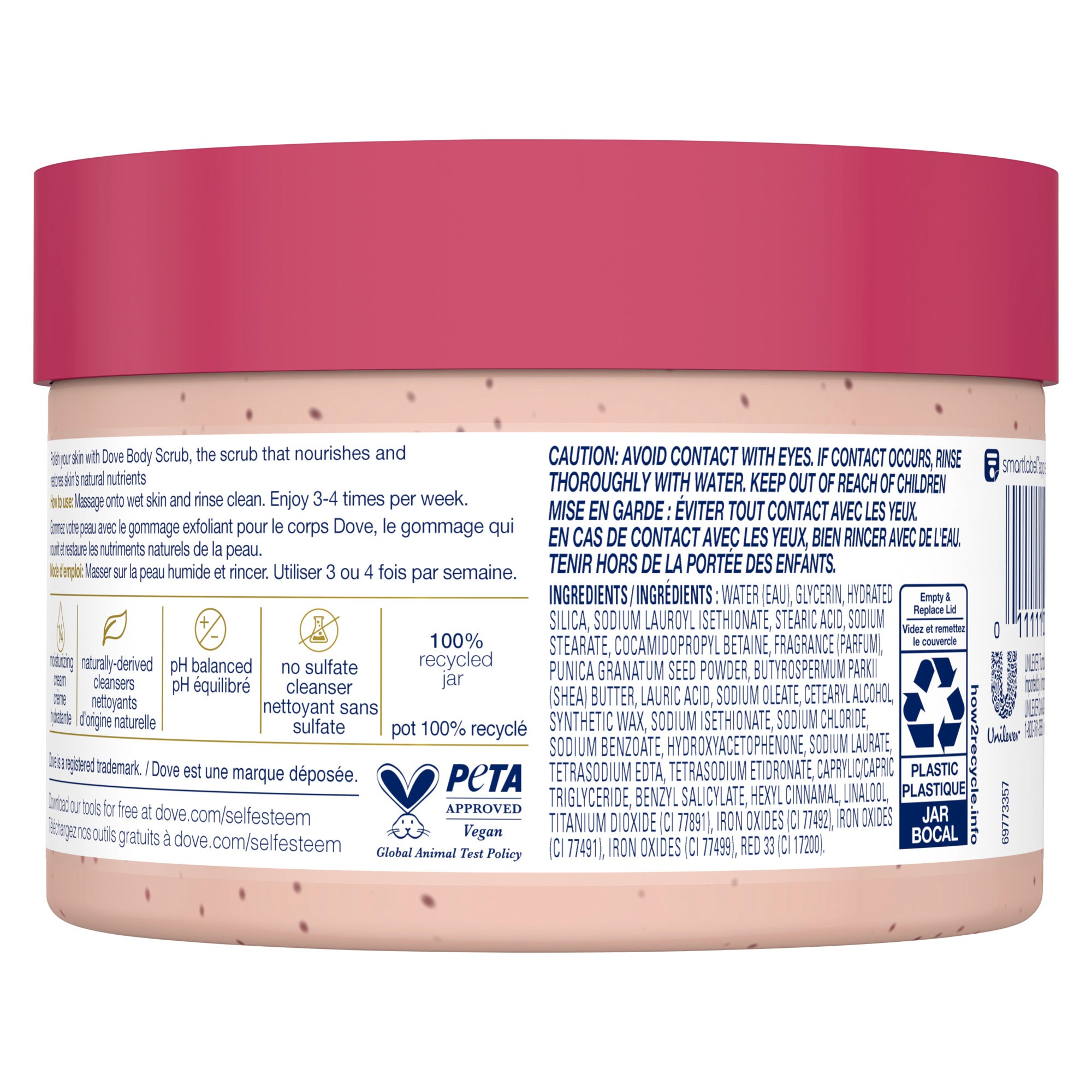 An image showing the frontside view of the Dove Exfoliating Body Polish Pomegranate Seeds & Shea Butter product packaging.