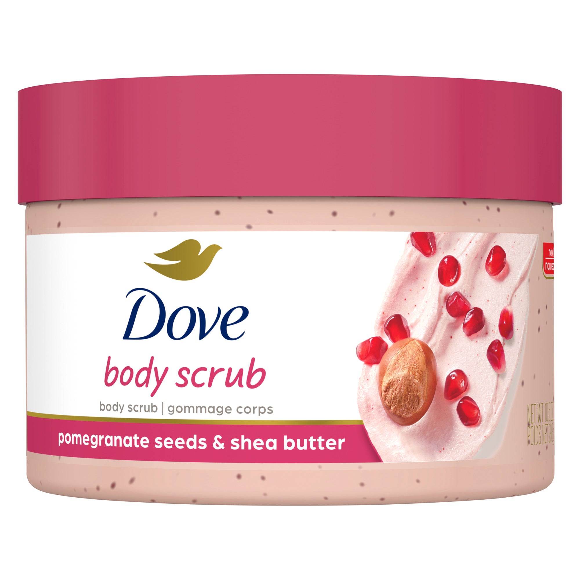 An image showing the frontside view of the Dove Exfoliating Body Polish Pomegranate Seeds & Shea Butter product packaging.