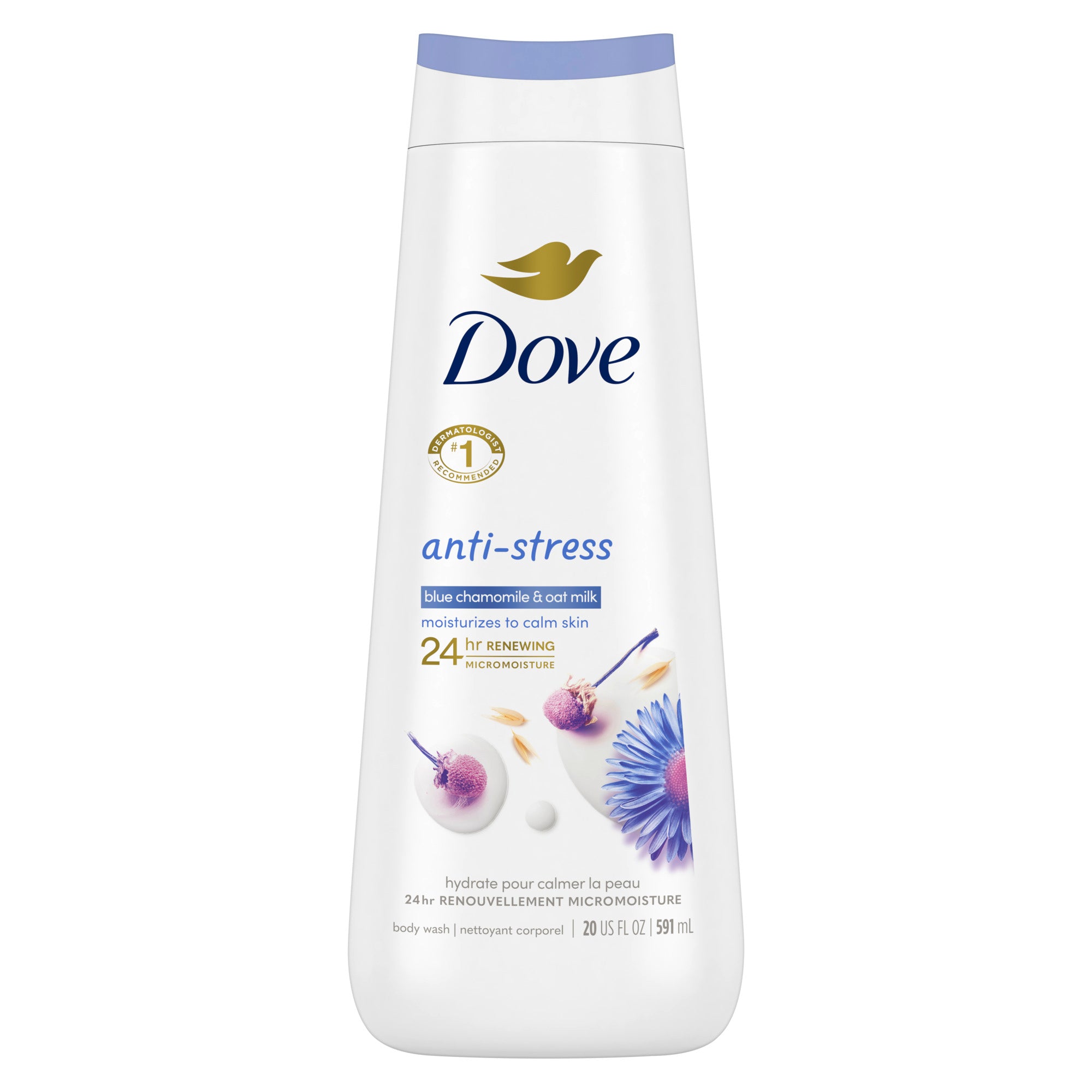 Showing the front angle view of the Dove Anti Stress Blue Chamomile & Oat Milk Body Wash 650ml product.