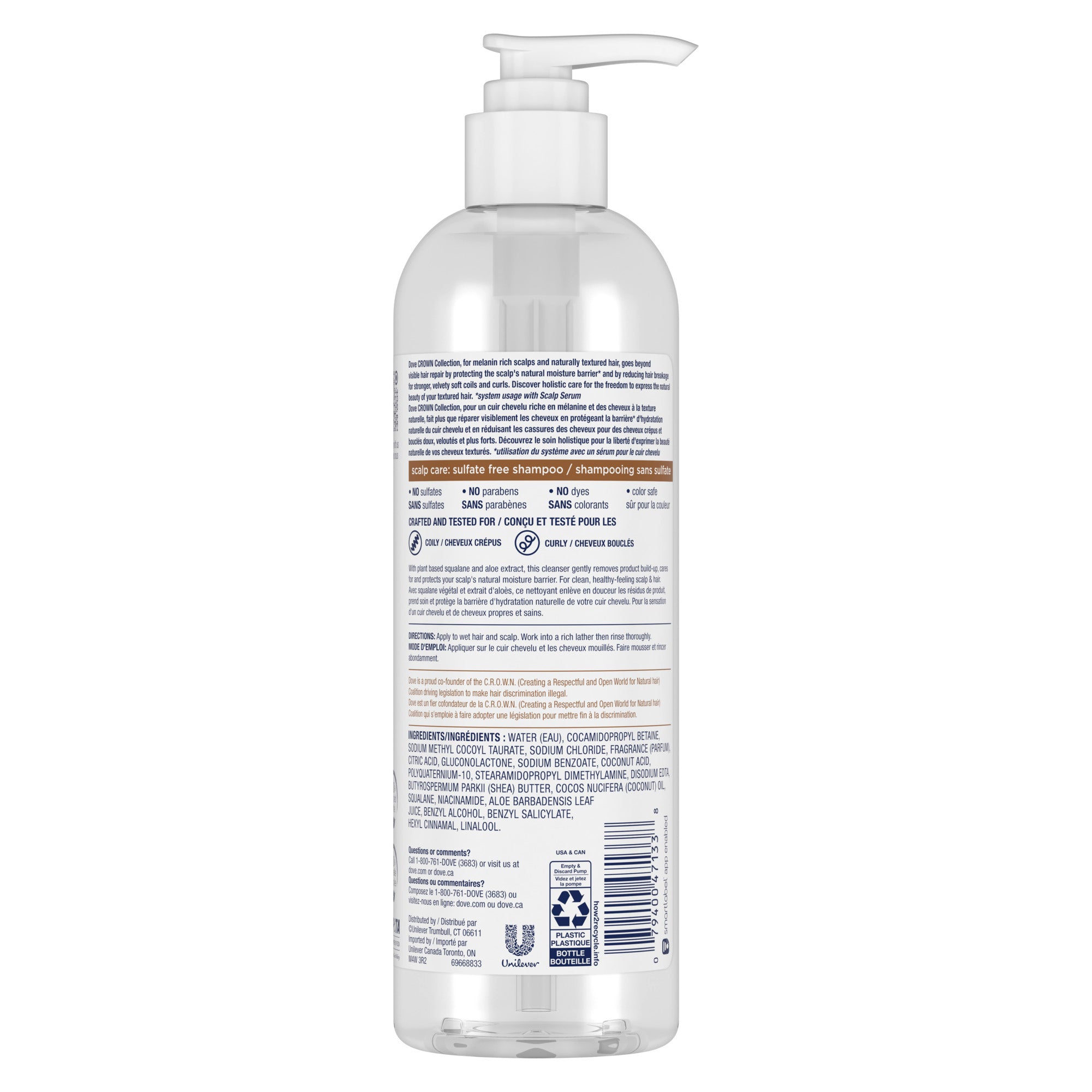 An image showing the frontside view of the Dove CROWN Collection Scalp Care Shampoo product packaging.