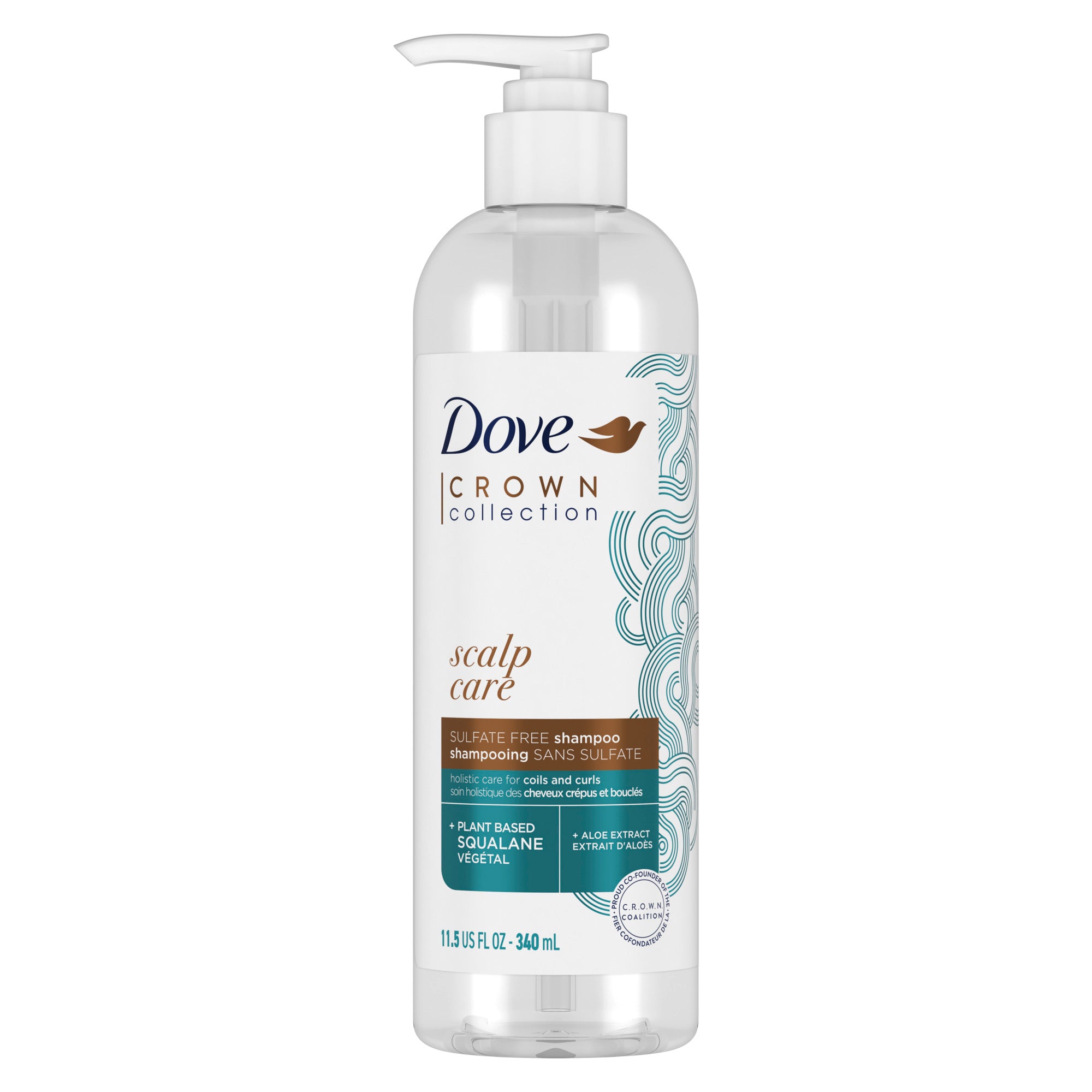 An image showing the frontside view of the Dove CROWN Collection Scalp Care Shampoo product packaging.