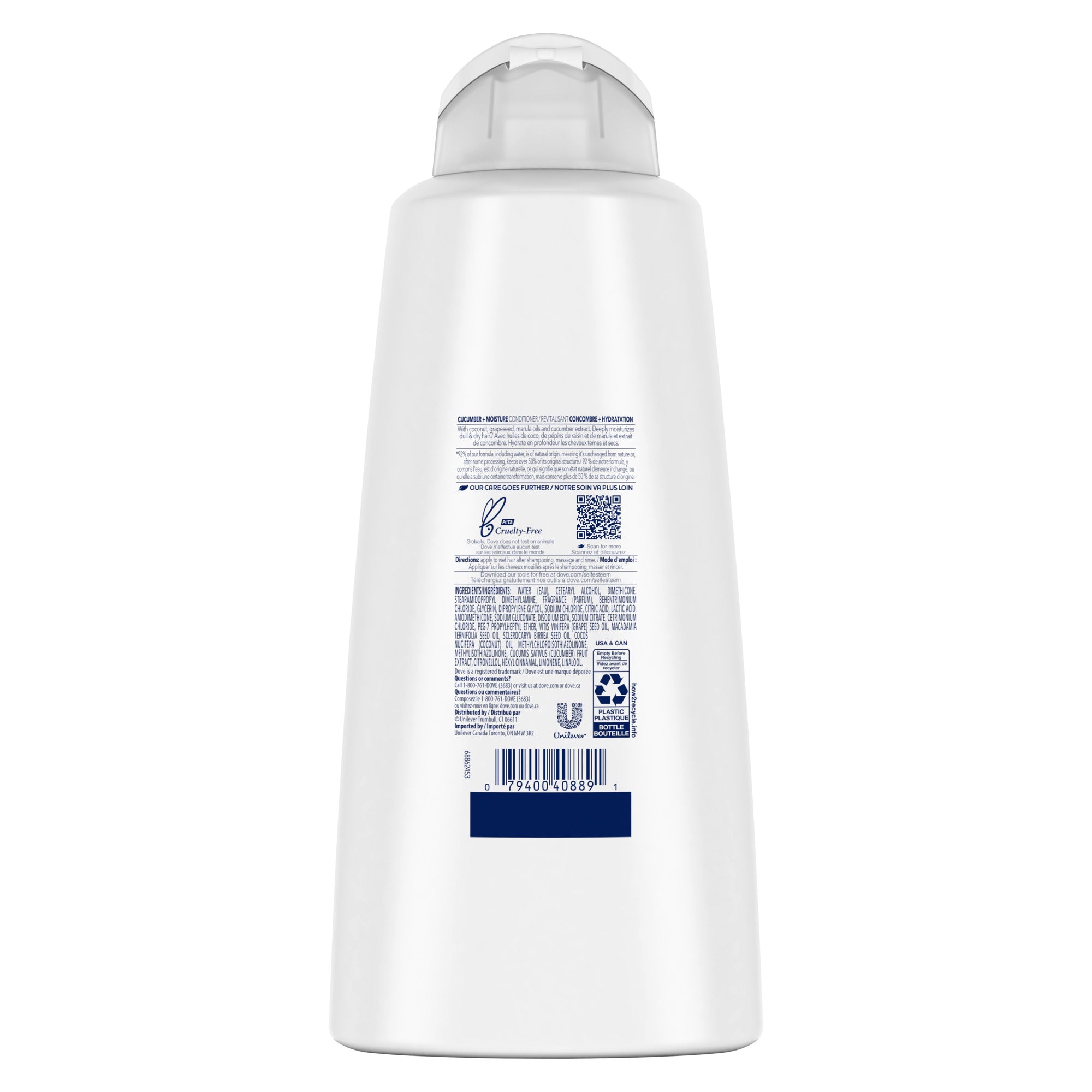 Front view of the white Dove Cool Moisture Conditioner 750ml packaging.