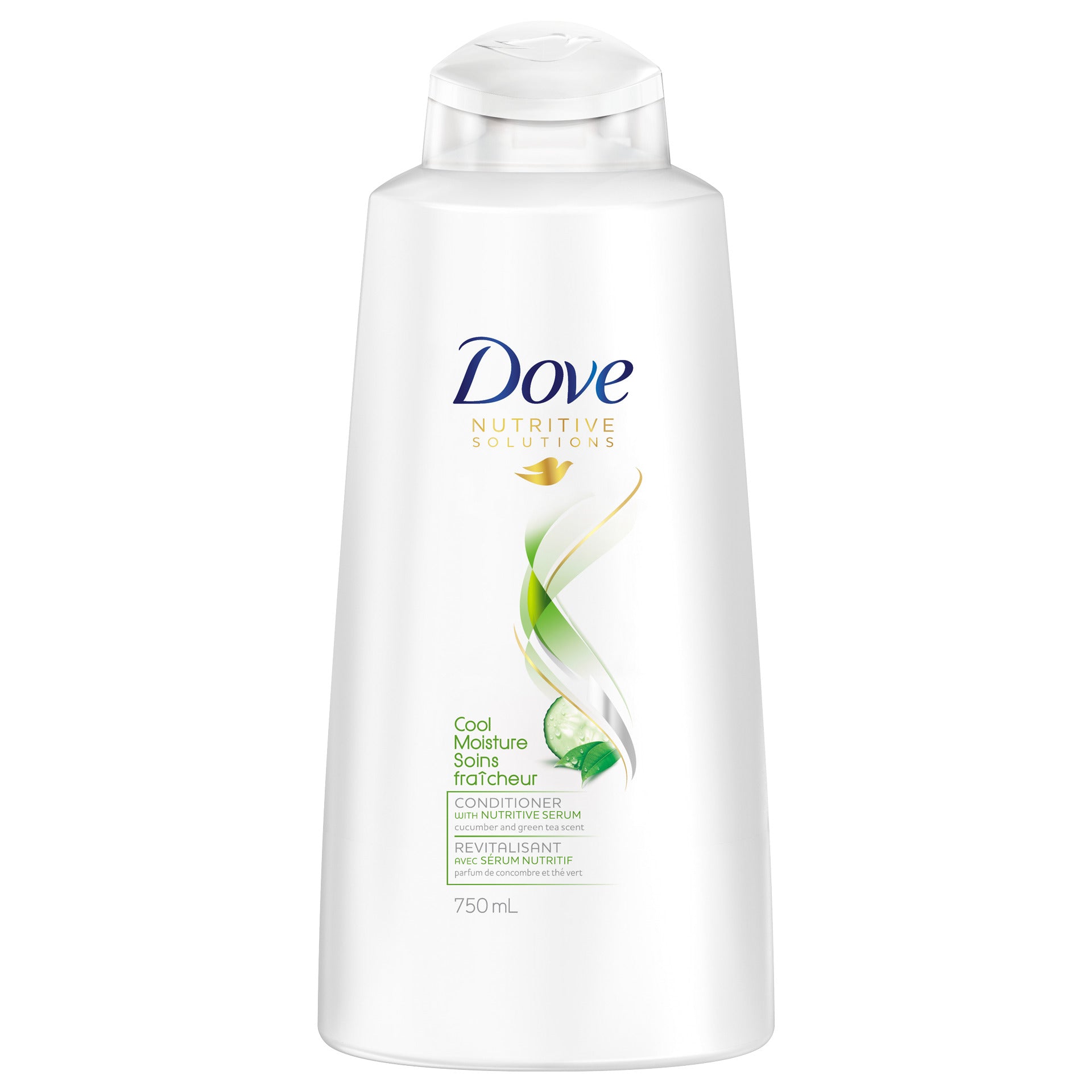 Front view of the white Dove Cool Moisture Conditioner 750ml packaging.