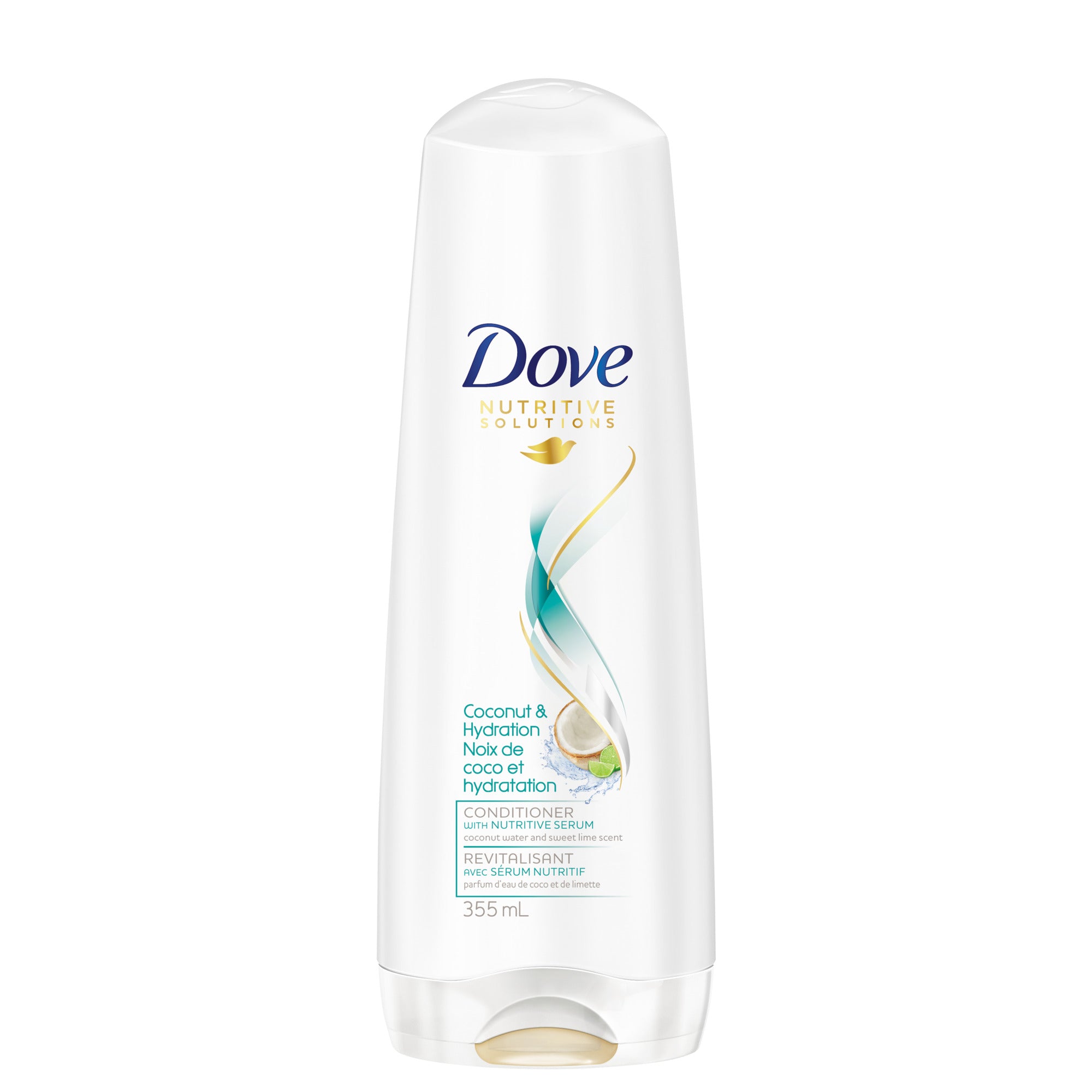 Showing the front angle view of the Dove Coconut + Hydration Conditioner 355mL product.