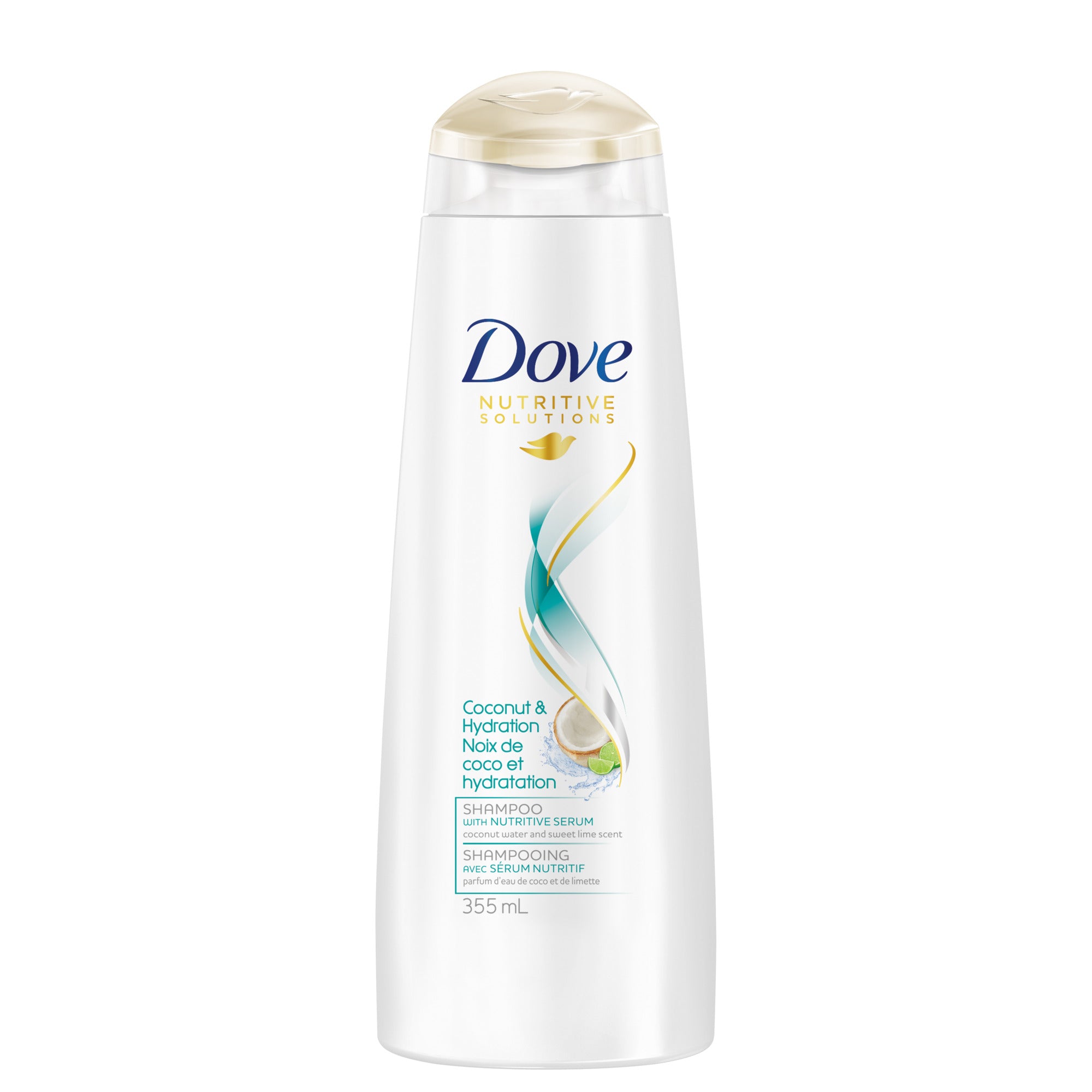 Showing the front angle view of the Dove Coconut + Hydration Shampoo 355mL product.