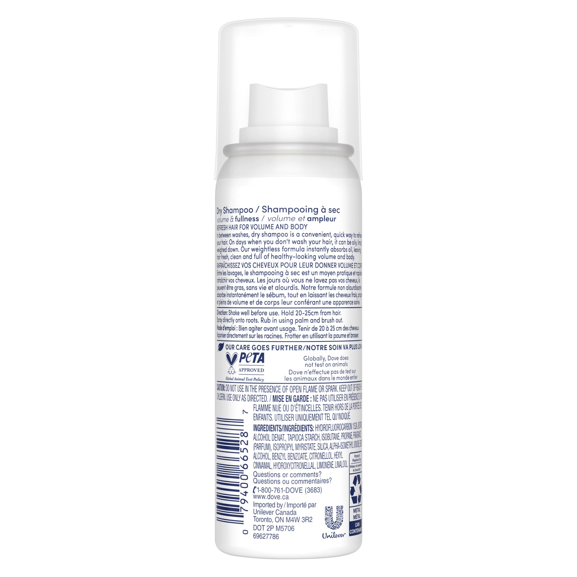 A front view of the white and purple Dove Dry Shampoo 32g (54mL) spray can.