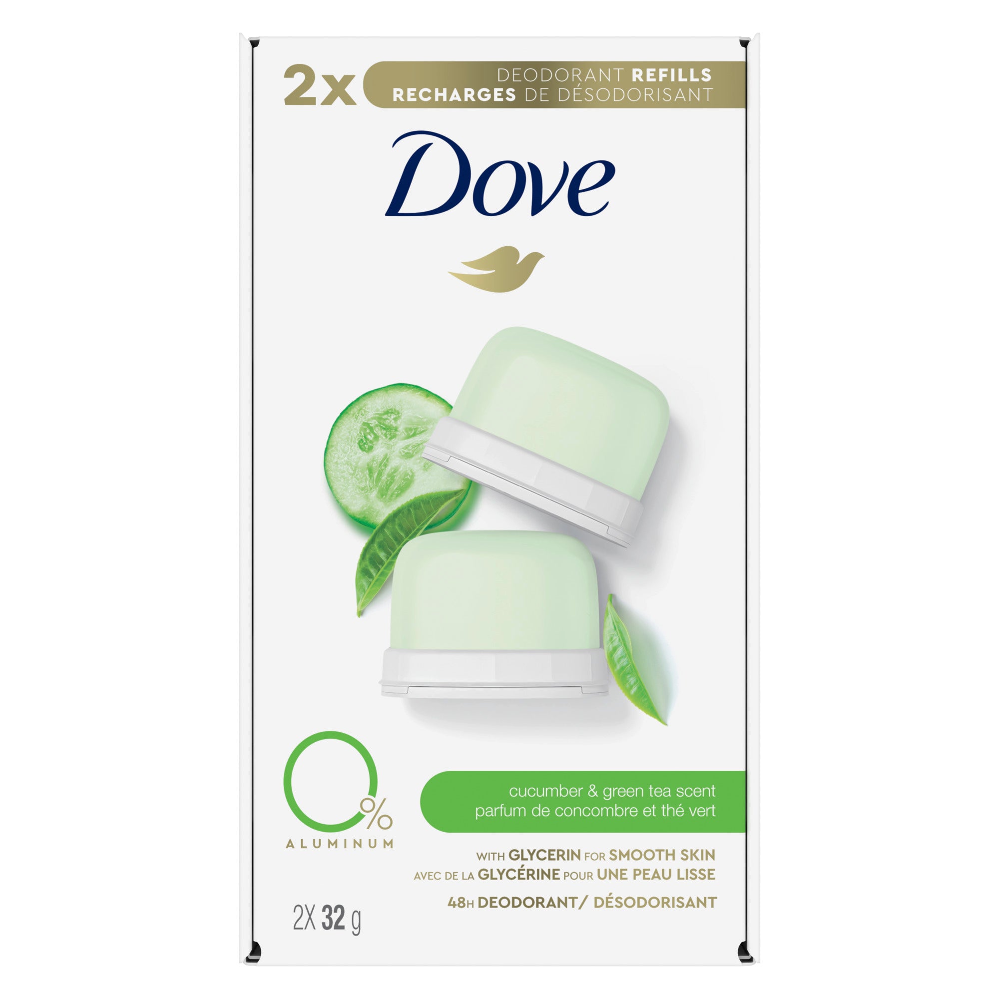 An image showing the frontside view of the Dove Cucumber and Green Tea Refill product packaging.