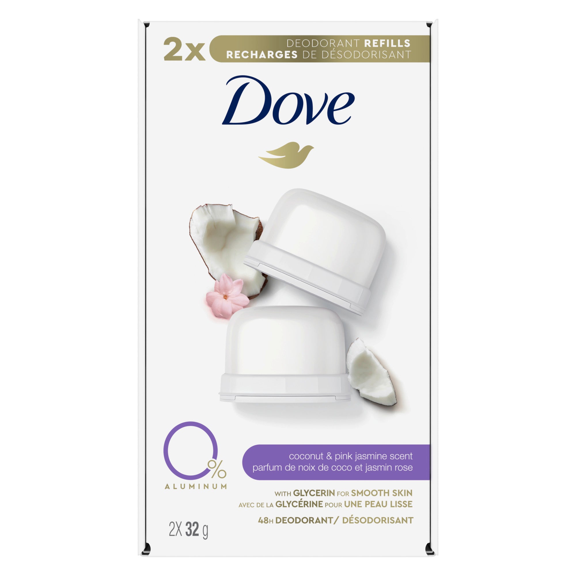 An image showing the frontside view of the Dove Coconut and Pink Jasmine Refill product packaging.