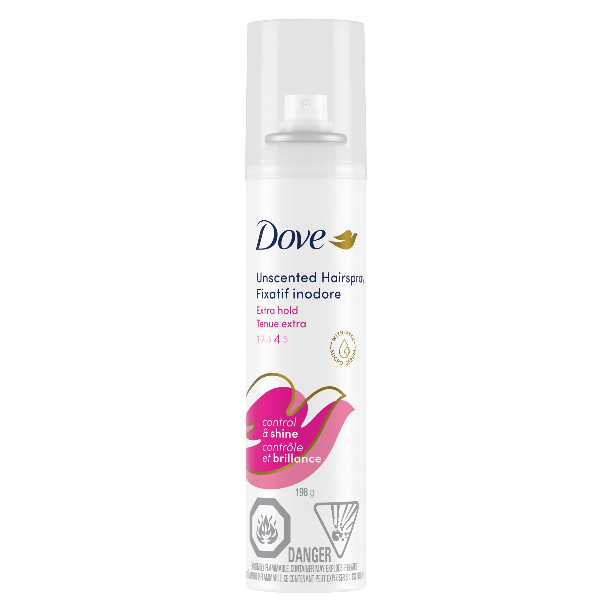 Front view of the Dove Unscented Extra Hold Hair Spray 198g pink and white product canister.