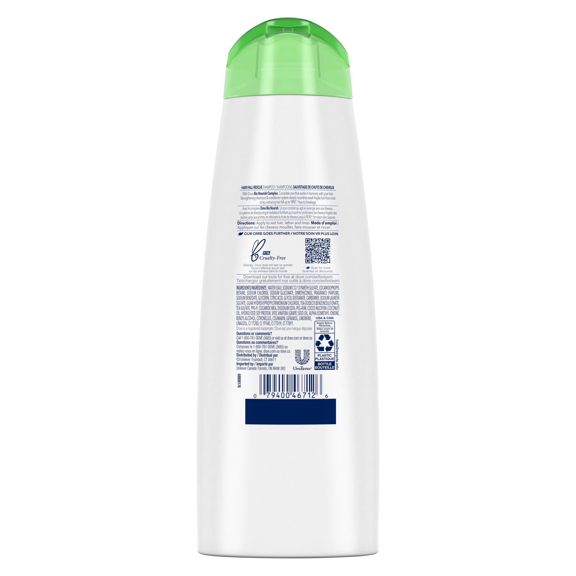 An image showing the frontside view of the Dove Hair Fall Rescue Shampoo product packaging.