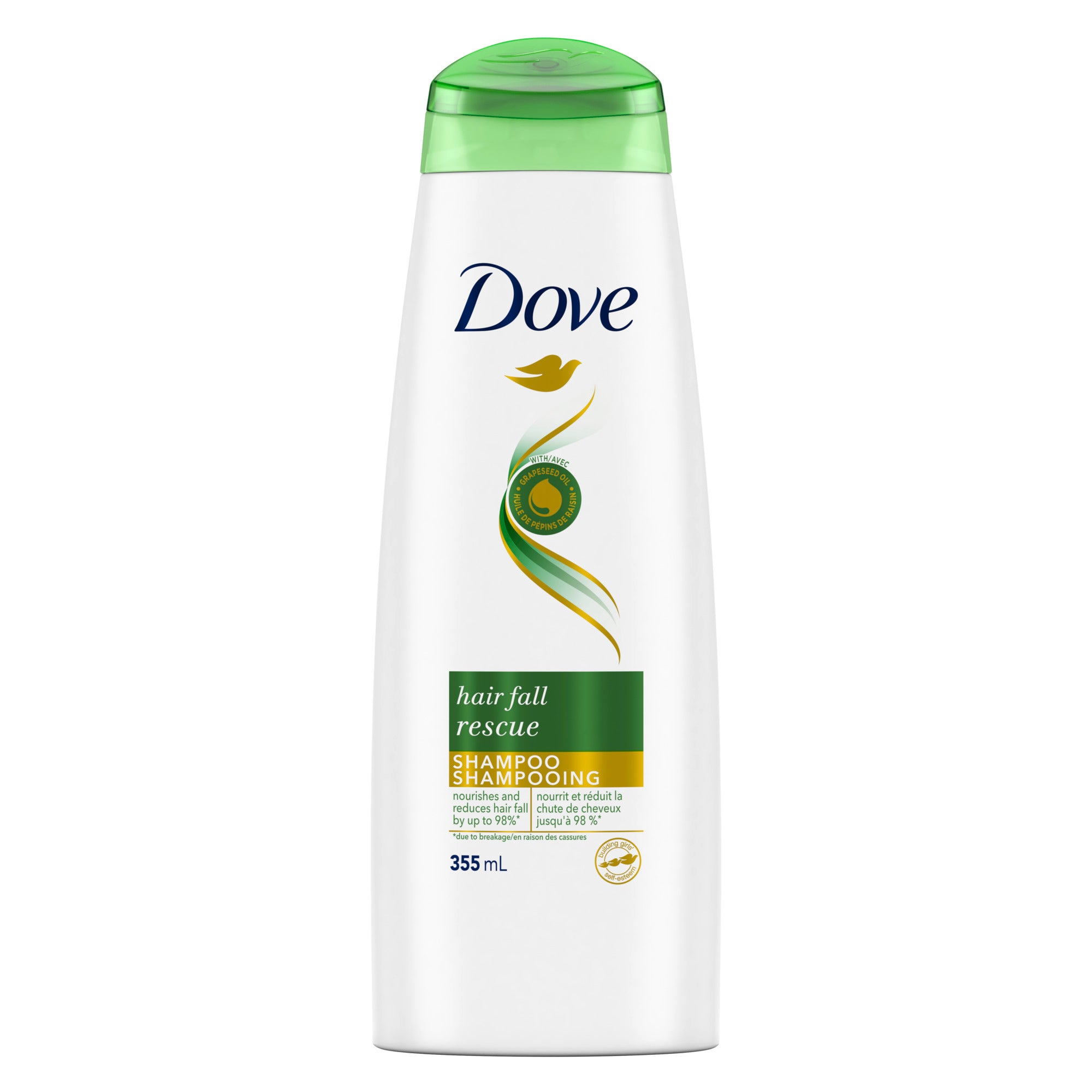 An image showing the frontside view of the Dove Hair Fall Rescue Shampoo product packaging.